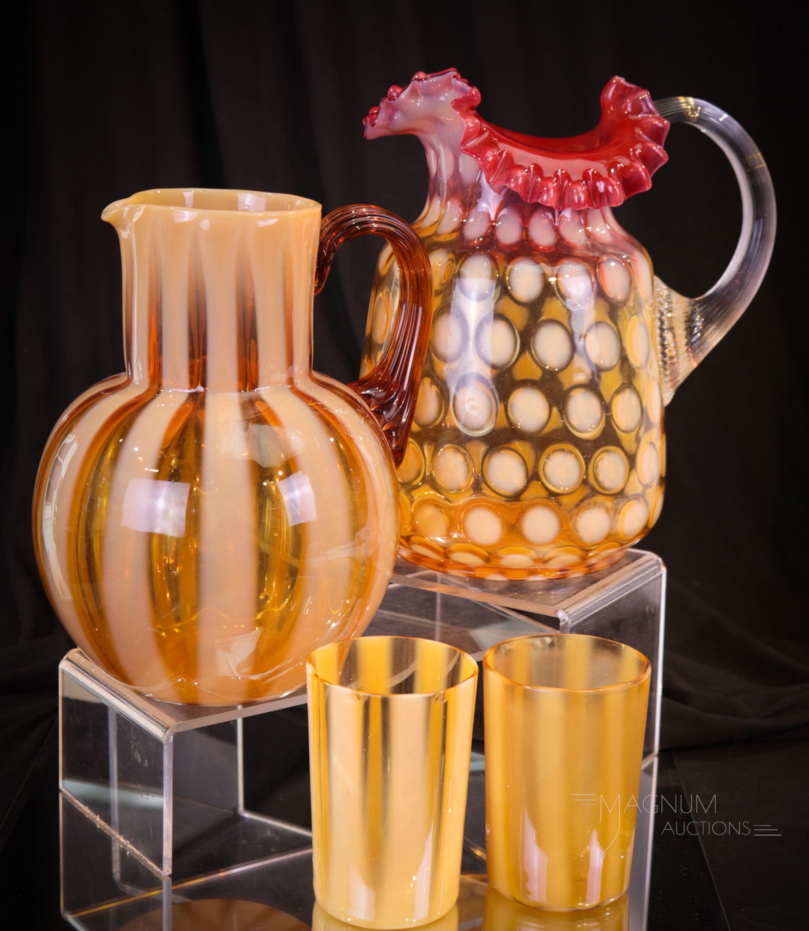 3 pc Lot Phoenix Amber Victorian Opalescent Stripe Glass Pitcher & Tumblers (1 of 15)