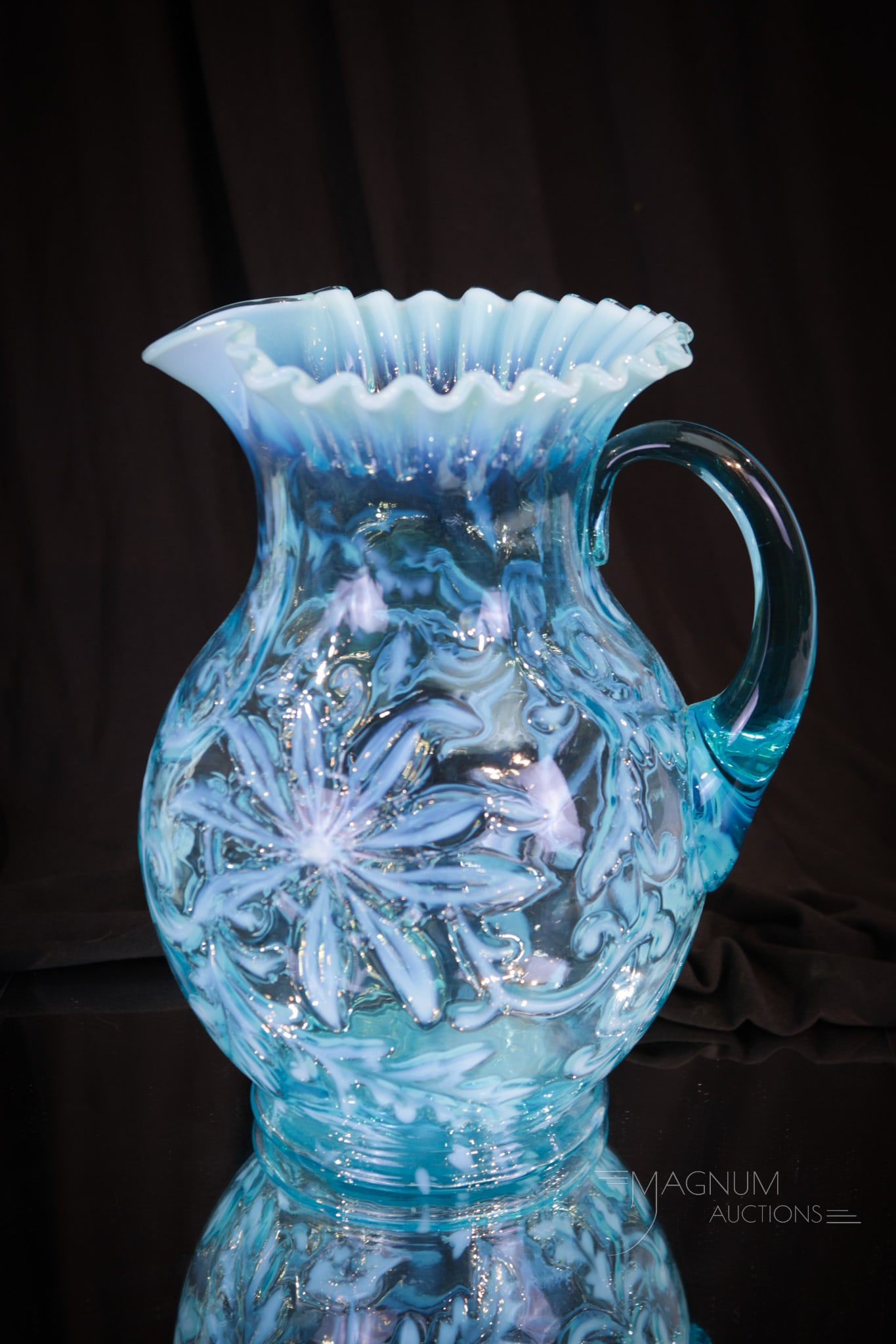 Blue Opalescent Poinsettia Victorian Glass Northwood Water Pitcher (1 of 6)
