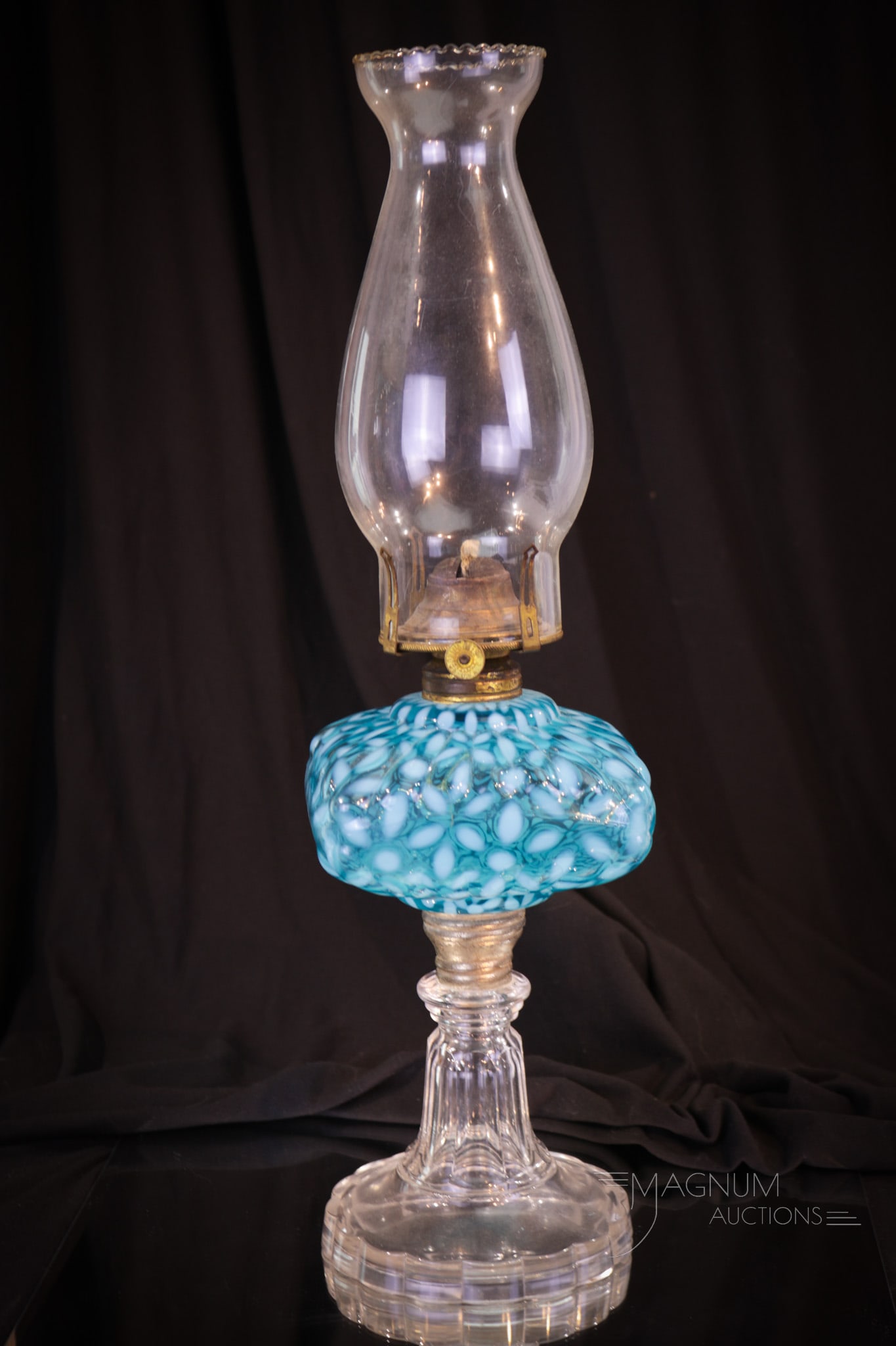 Victorian Blue Opalescent Snowflake Victorian Oil Stand Lamp (1 of 7)