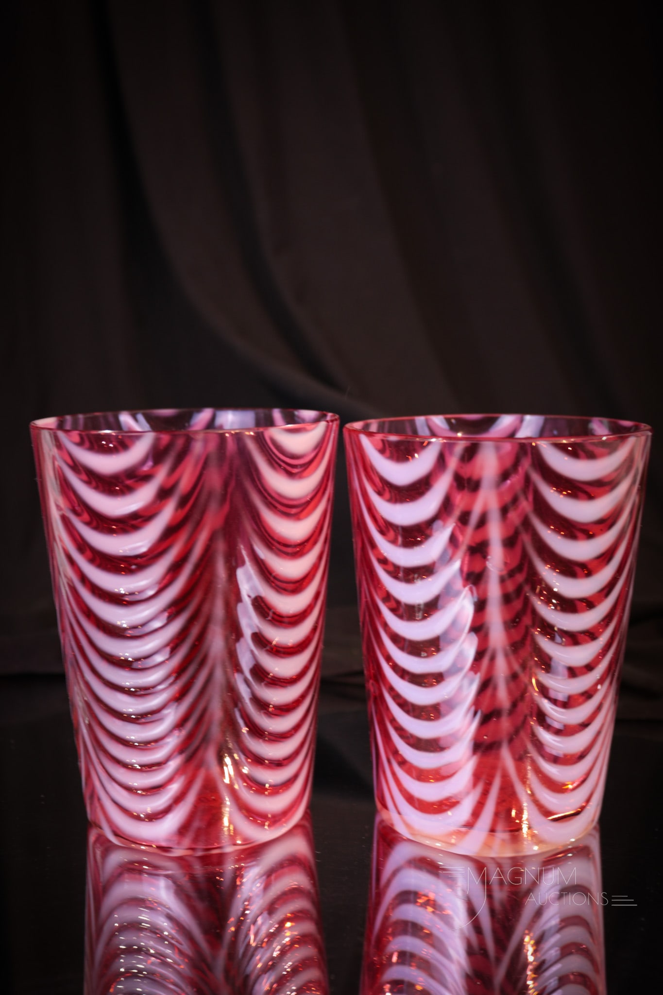 2 pc Lot Northwood Opal Drape Cranberry Opalescent Victorian Glass Tumblers (1 of 6)