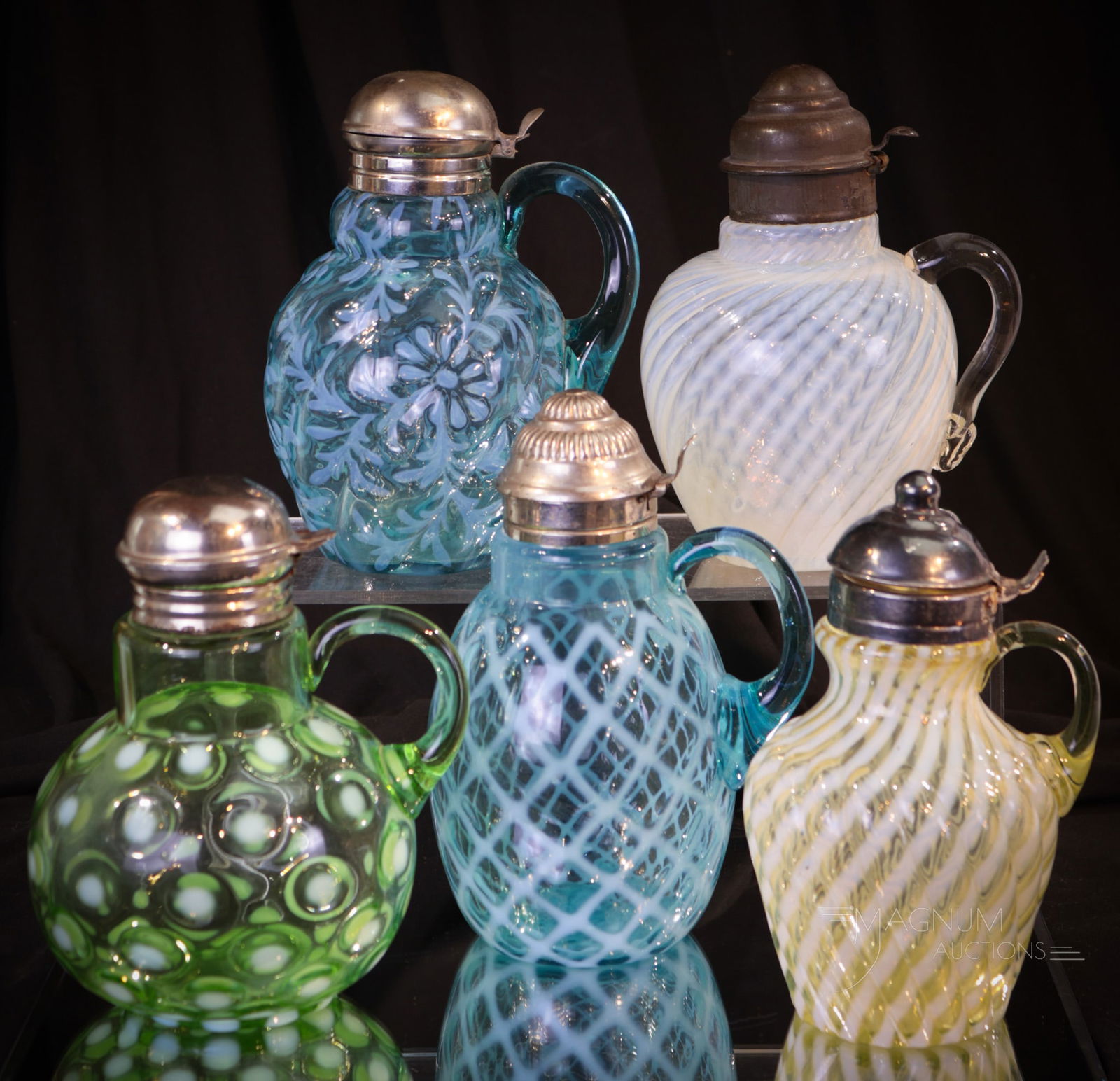 5 pc Lot Victorian Opalescent Syrup Pitchers Uranium & More (1 of 15)