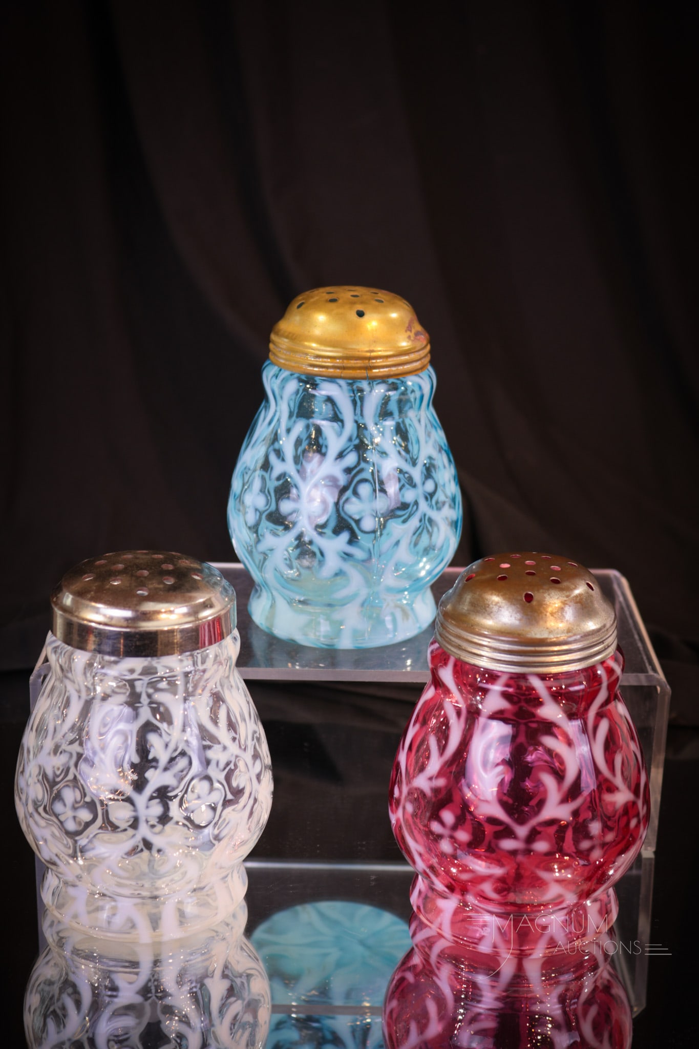 3 pc Lot Northwood Cranberry Crystal Blue Opalescent Spanish Lace Victorian Sugar Shakers: Three super examples of Northwood's "Spanish Lace" pattern in the form of sugar shakers. One cranberry, one blue, and a crystal example. Tallest measures 4 1/2" tall.