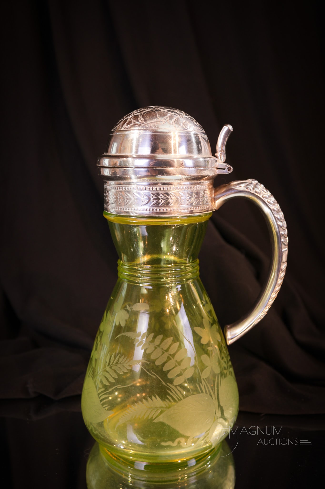 Rare Hourglass Victorian Vaseline Etched Syrup Pitcher (1 of 7)