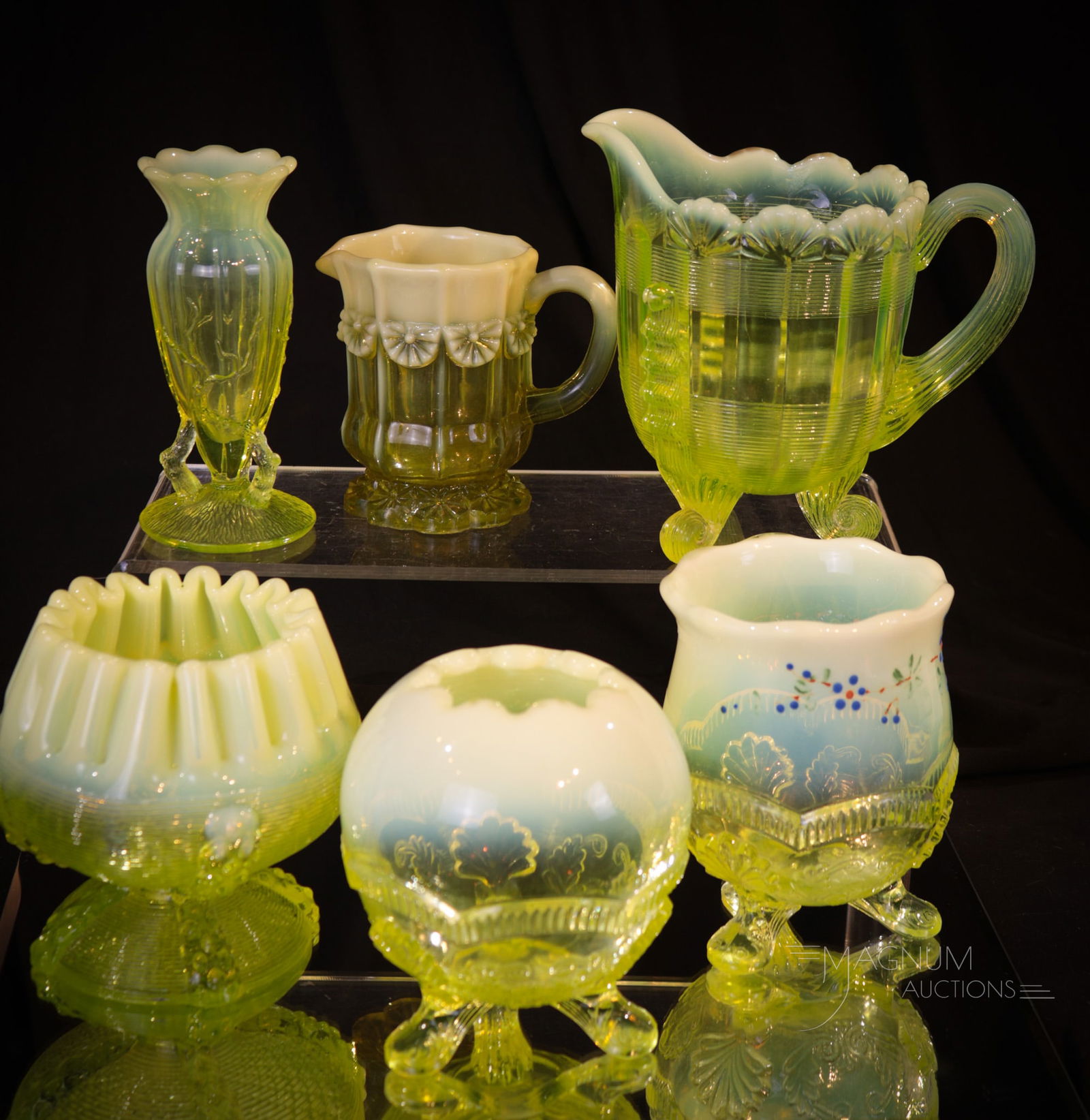 6 pc Lot Fantasia in Vaseline Glass Northwood & More (1 of 6)