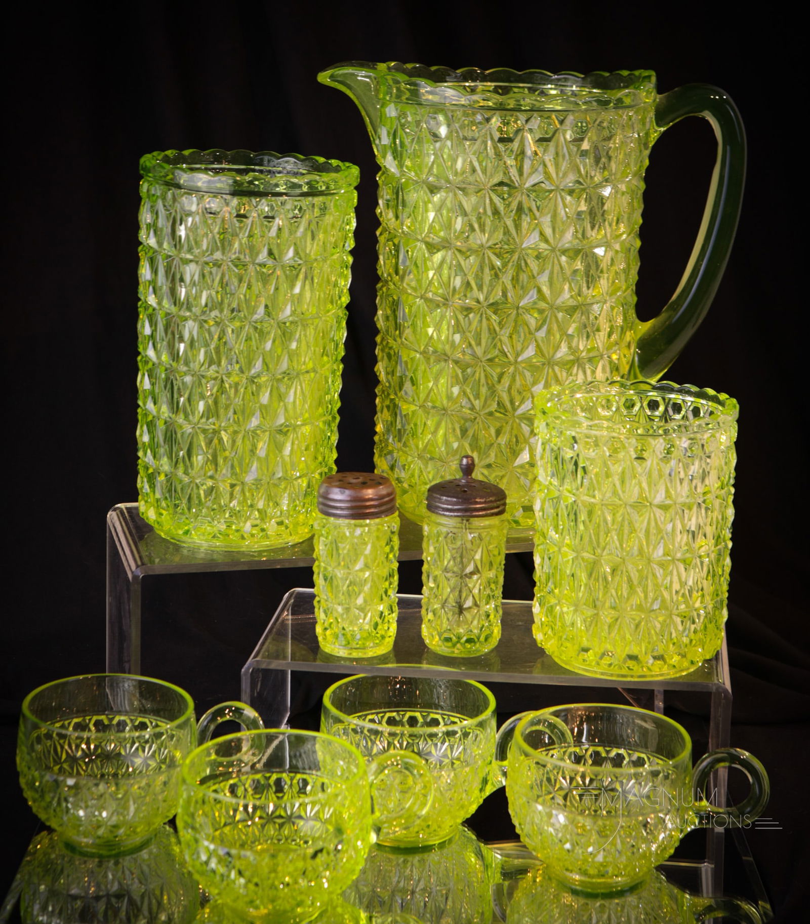 9 pc Lot Pleasure in Vaseline Central Glass  Pressed Diamond (1 of 14)