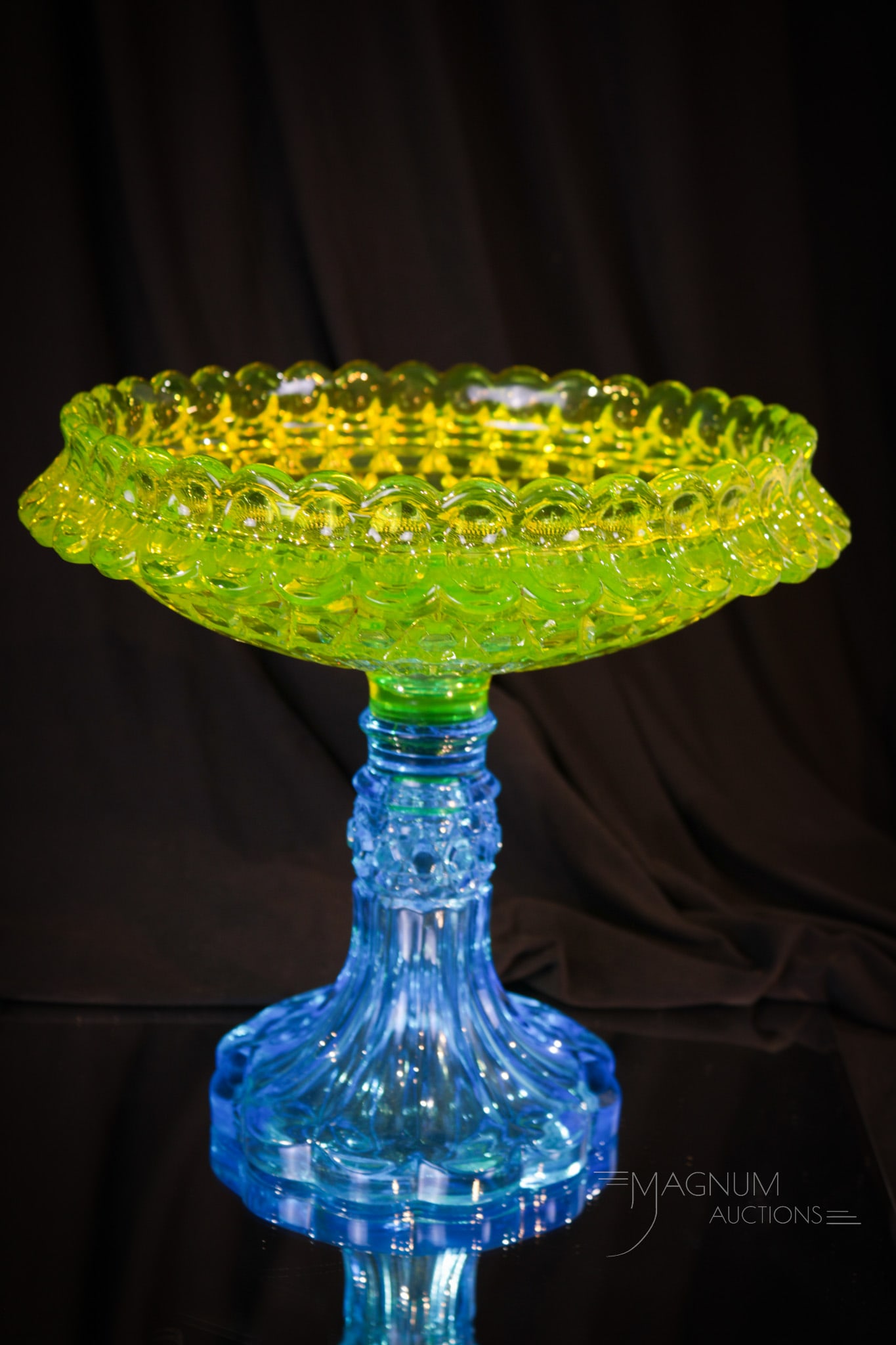 Rare U.S. Glass #1900 Victorian Vaseline & Blue Glass Open Compote (1 of 6)