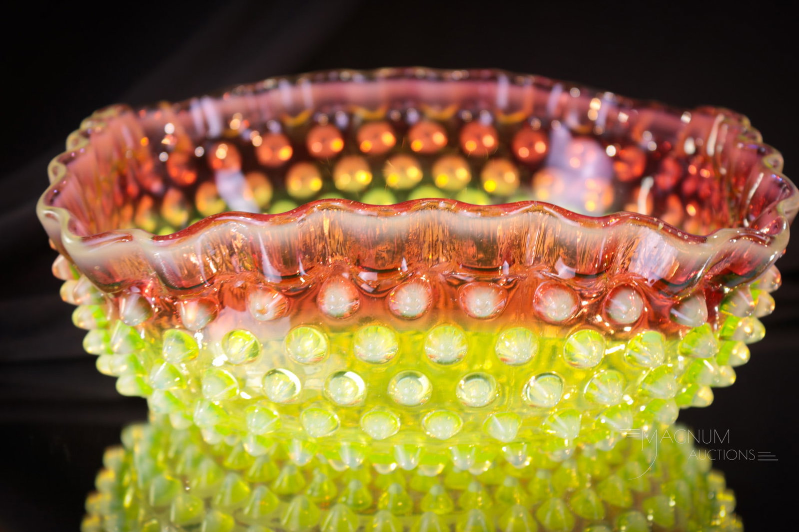 Hobb's Cranberry Vaseline Rubina Verde Opalescent Master Berry Bowl: Great coloring is found on this striking Hobb's rubina verde opalescent Hobnail Victorian glass master berry bowl. This fine example measures 3 1/4" tall, 8" in diameter.