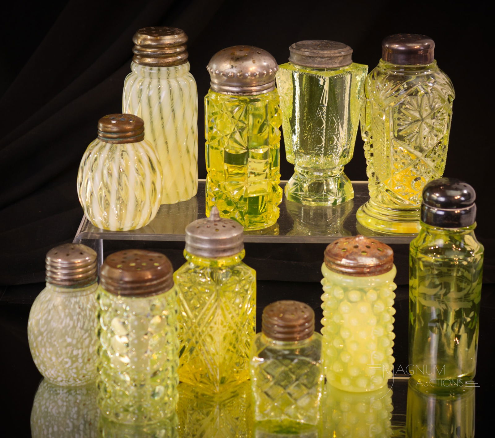 11 pc Lot Victorian Vaseline Uranium Glass Salt Shakers (1 of 4)