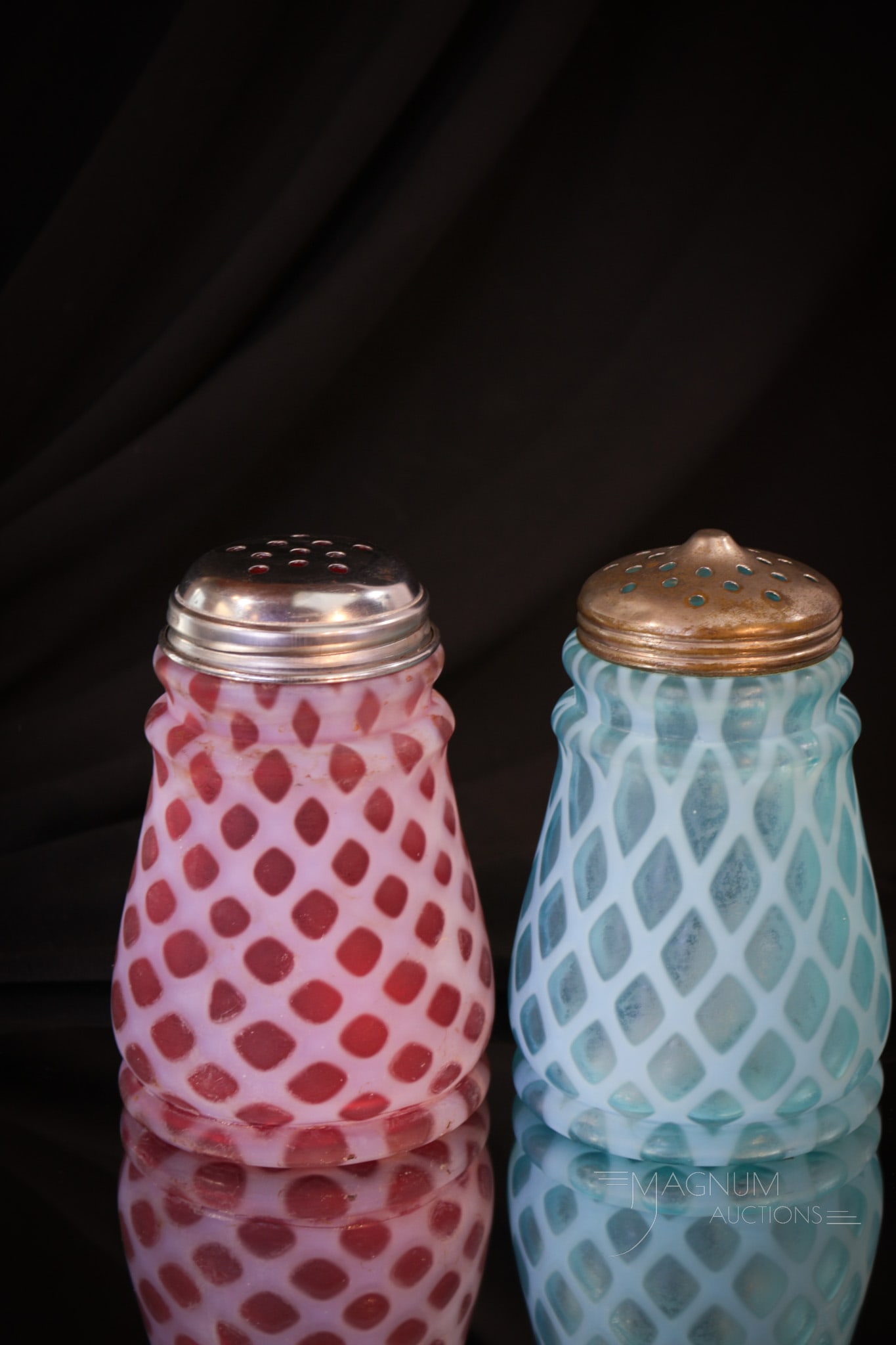 2 pc Lot Victorian Opalescent Satin Lattice Sugar Shakers (1 of 4)