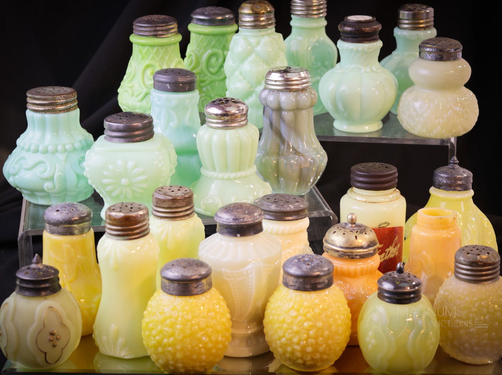 26 pc Lot Victorian Opaque Glass Salt Shakers: An amazing lot of various colors of opaque glass Victorian salt shakers in colors from butterscotch to custard, to green. Twenty-six in all. Salties, make sure to bid high for this lot. So much to off
