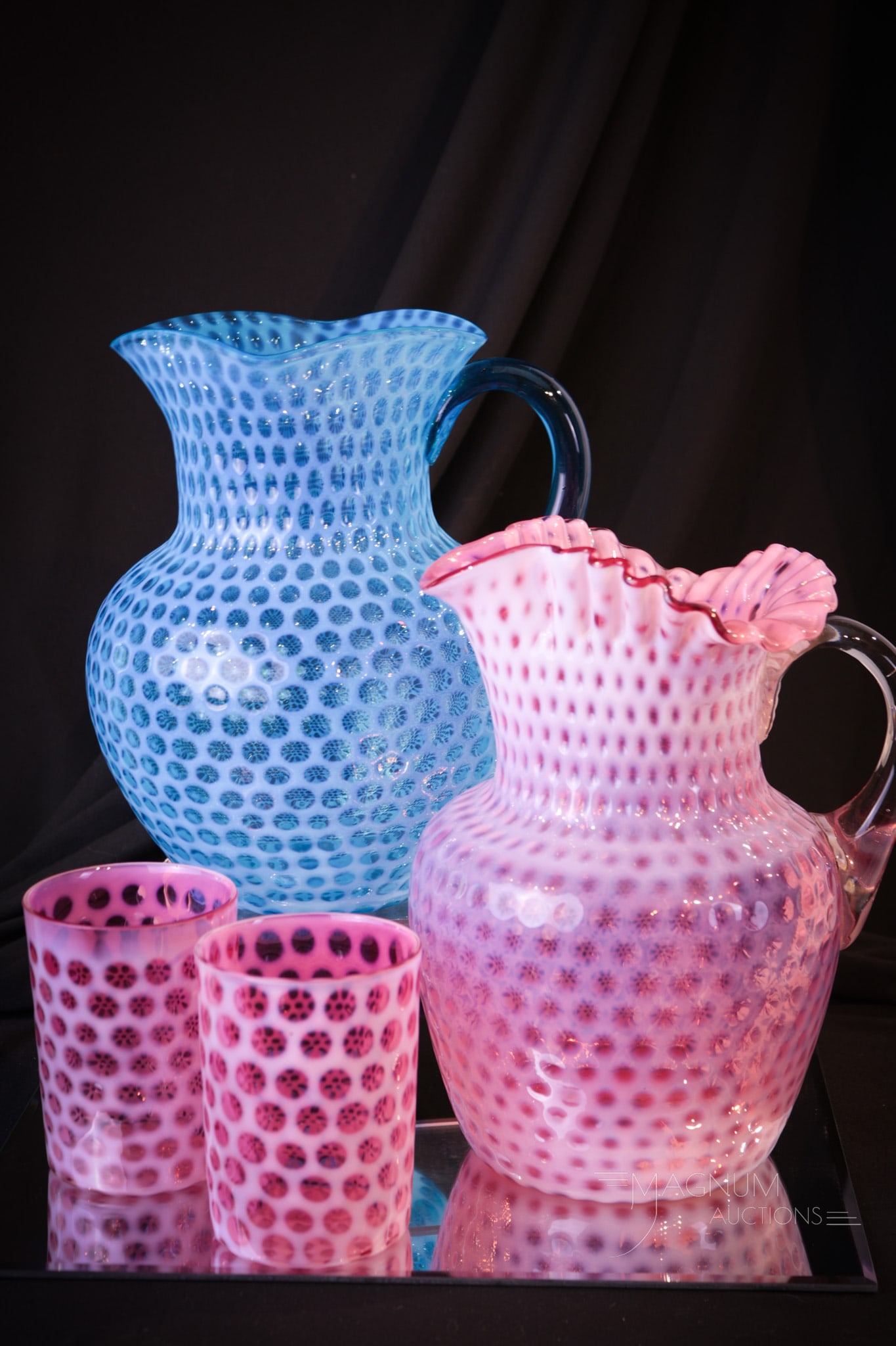 4 pc Lot Hobb's Opalescent Victorian Glass Pitcher & Tumblers (1 of 13)