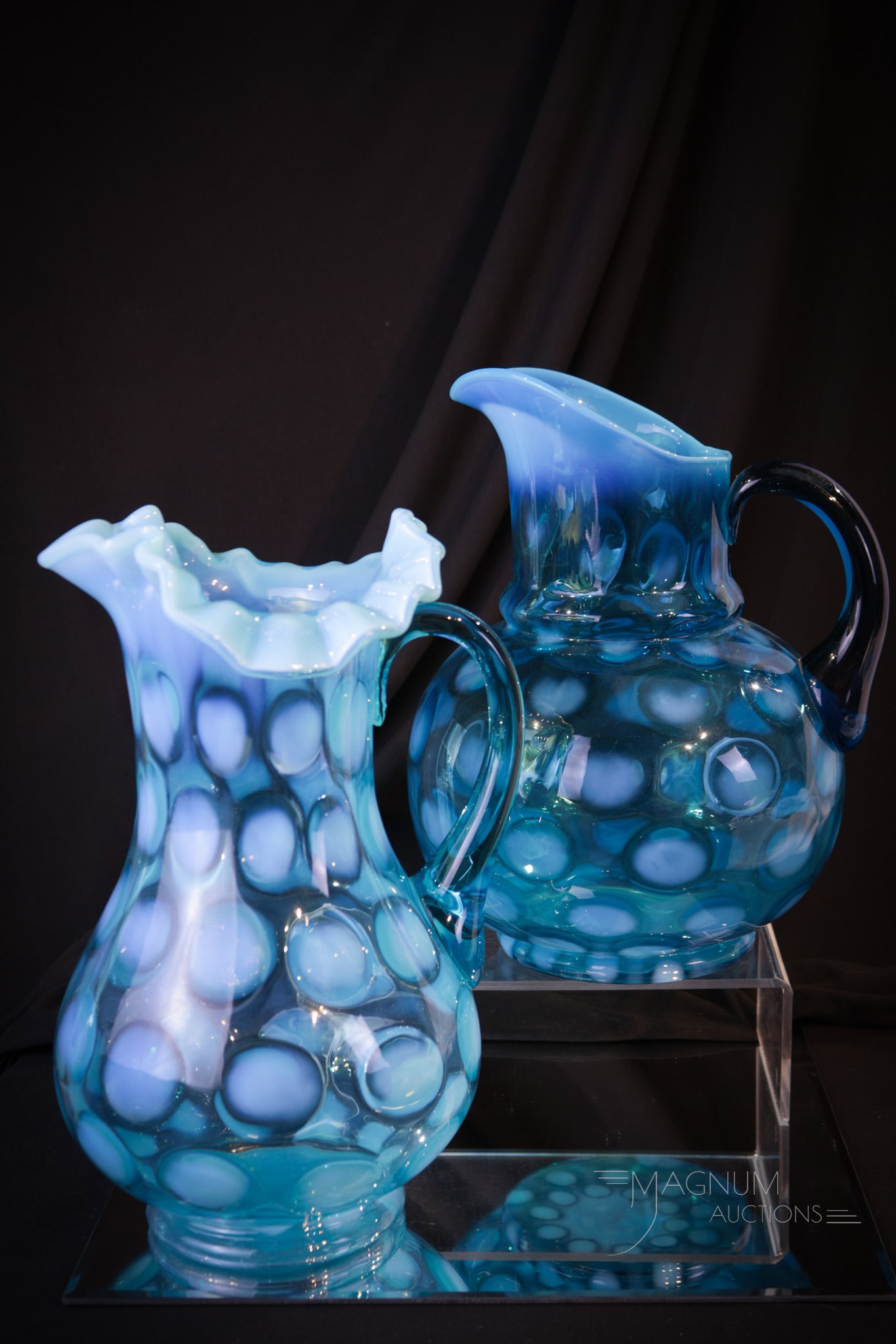 2 pc Lot Victorian Blue Opalescent Glass Coinspot Water Pitchers (1 of 6)