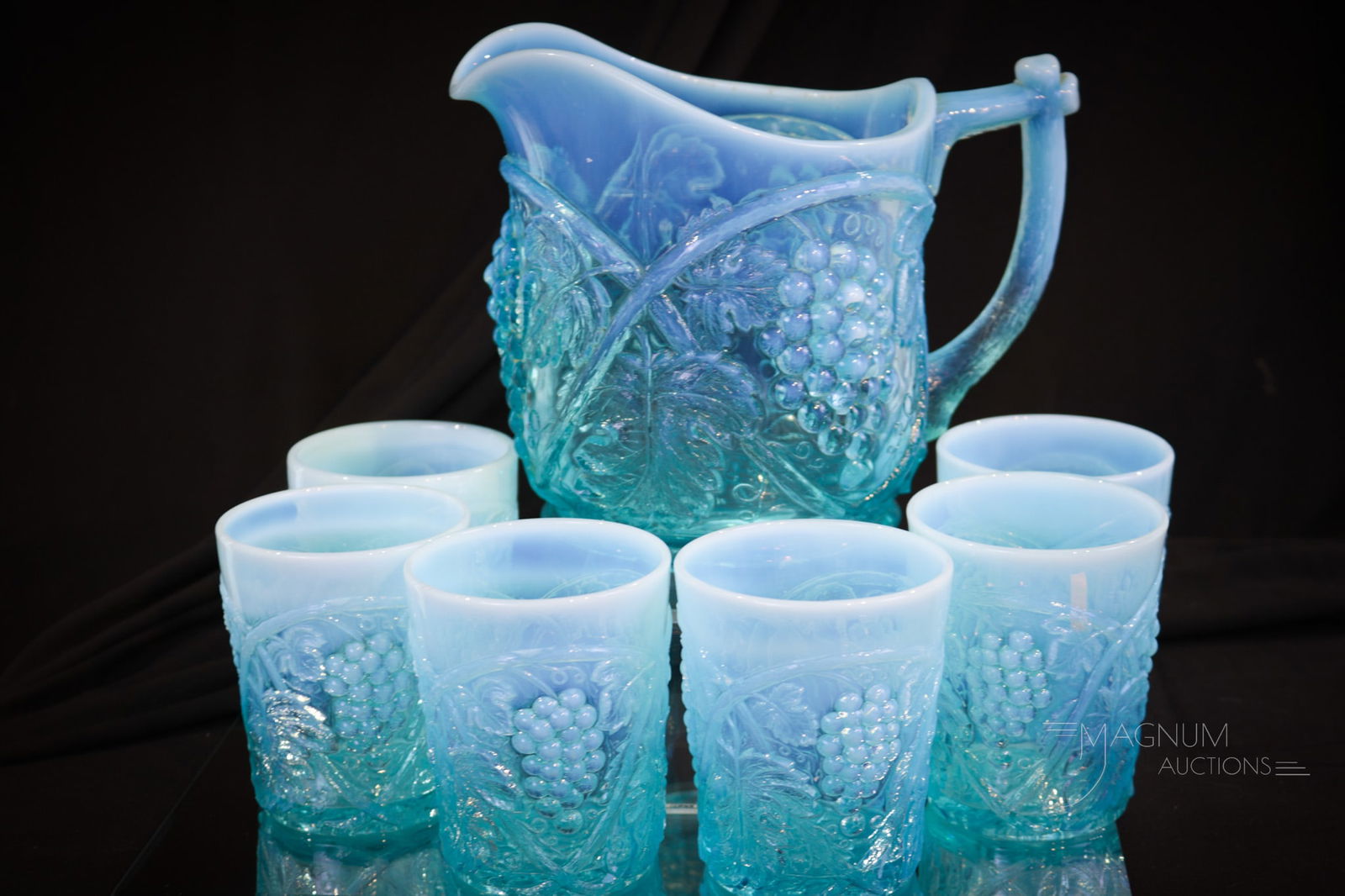 7 pc Blue Opalescent U.S. Glass Palm Beach Victorian Water Set (1 of 7)