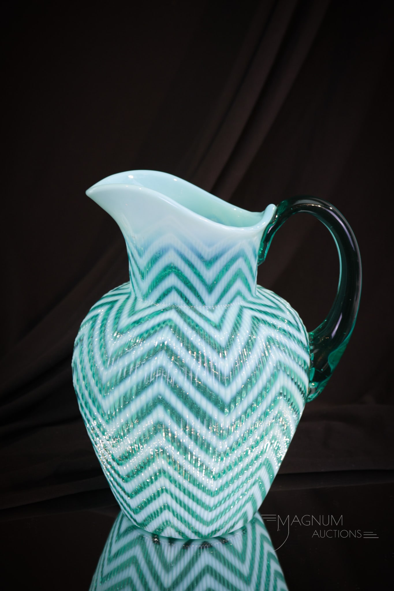 Scarce Northwood Blue Opalescent Glass Ribbed Herringbone Victorian Water Pitcher (1 of 5)