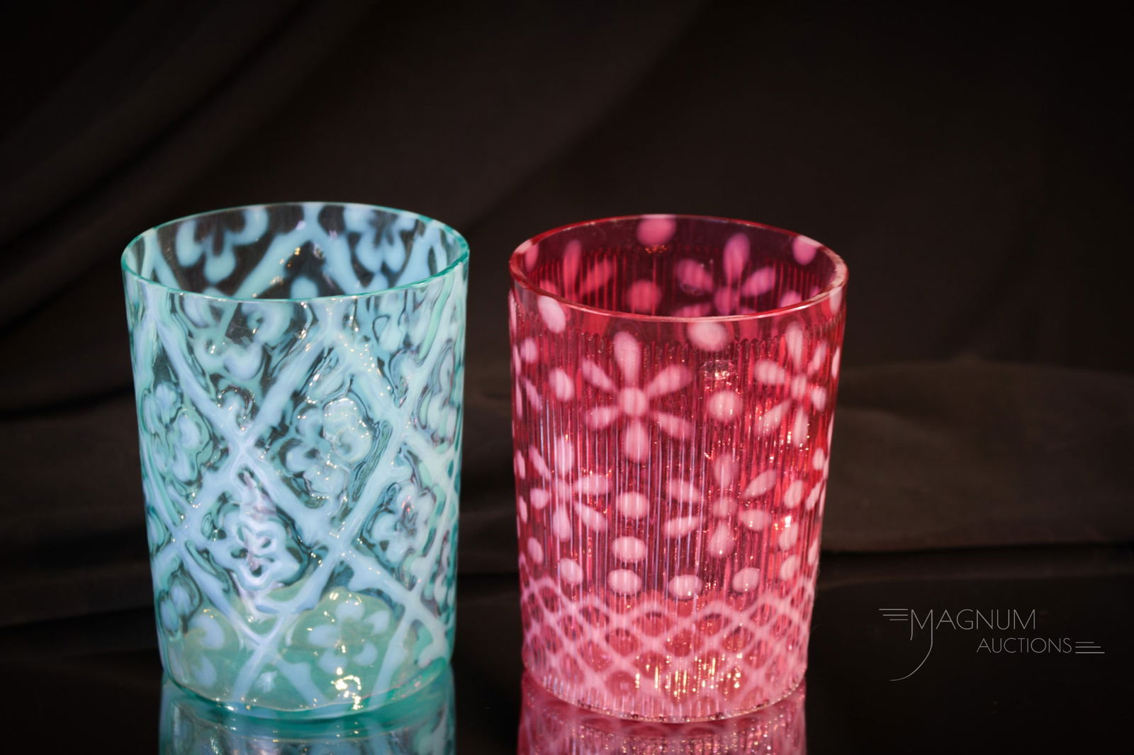 2 pc Lot Cranberry & Blue Opalescent Victorian Glass Tumblers Northwood & More (1 of 6)