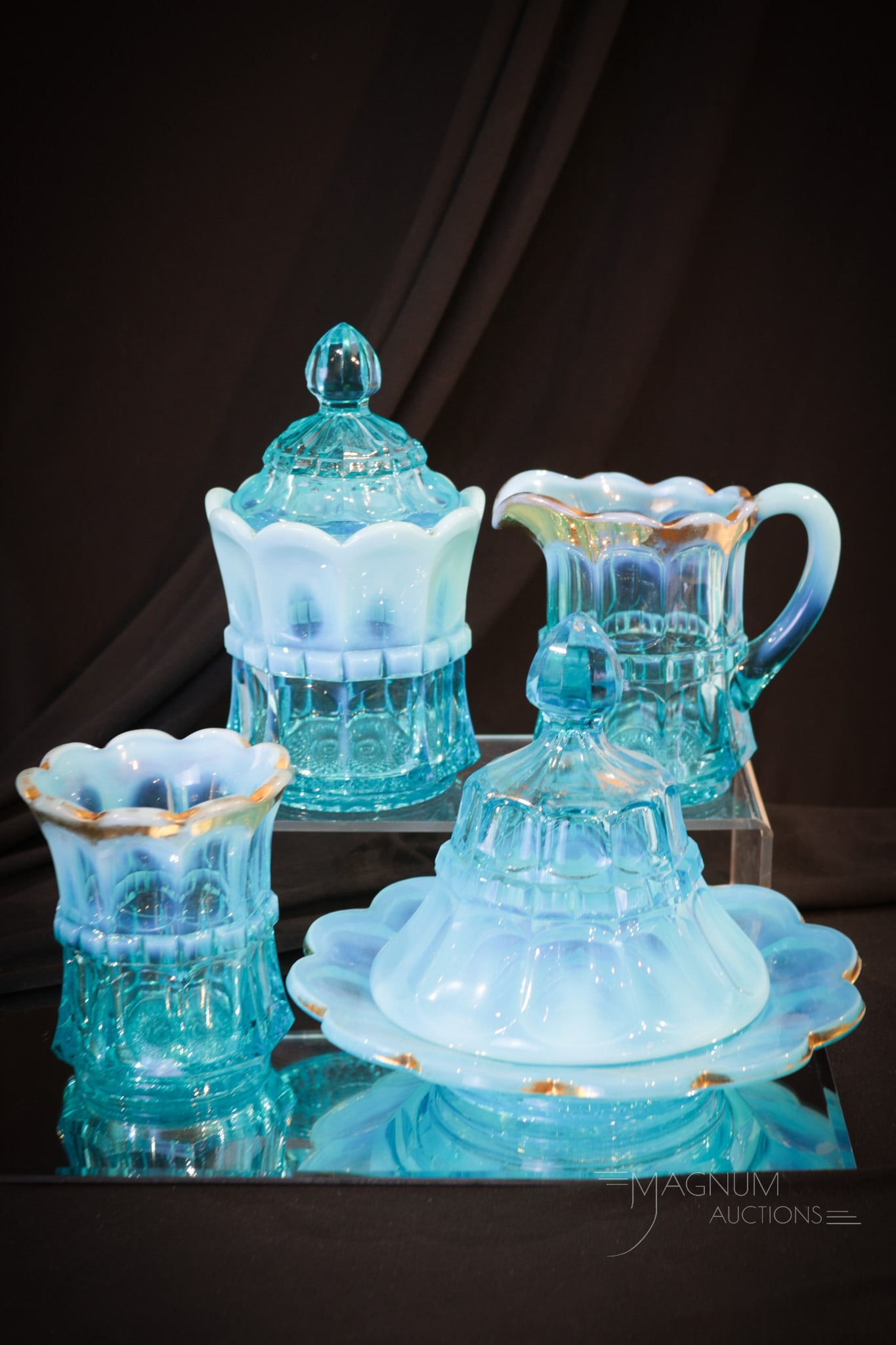 4 pc Northwood Blue Opalescent Glass Regal Table Set (1 of 15)
