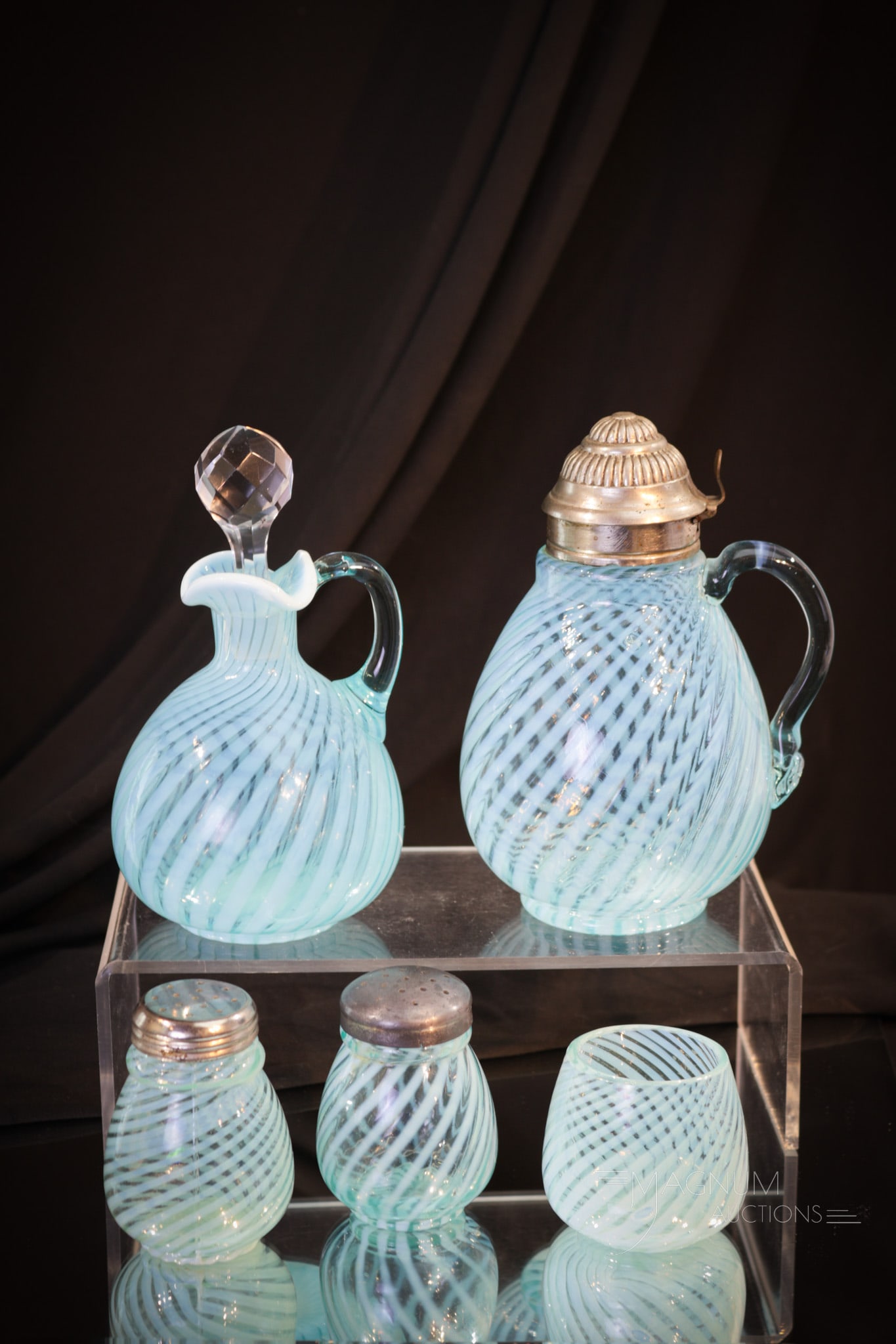 5 pc Lot Nickel Fostoria Blue Opalescent Swirl Victorian Glass (1 of 16)