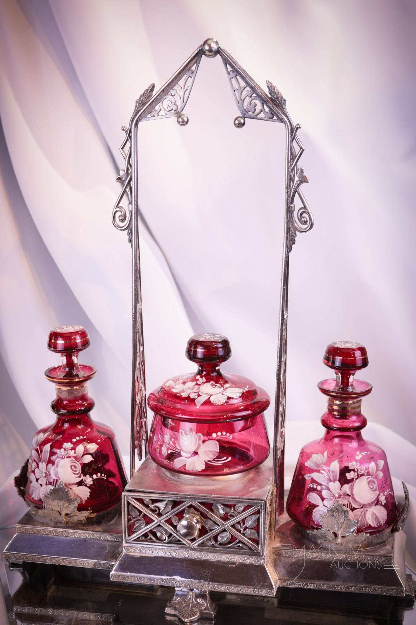 Meriden Silverplate Cranberry Enameled Perfume Jewelry Casket (1 of 16)