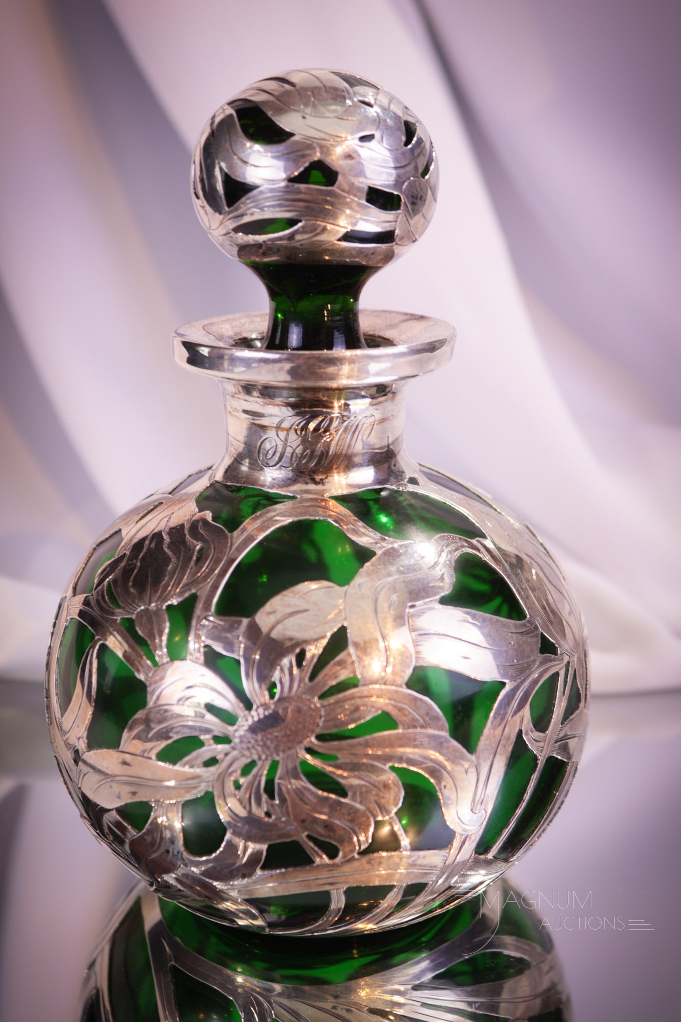 Marked Sterling Victorian Overlay Emerald Glass Perfume Cologne Bottle (1 of 8)