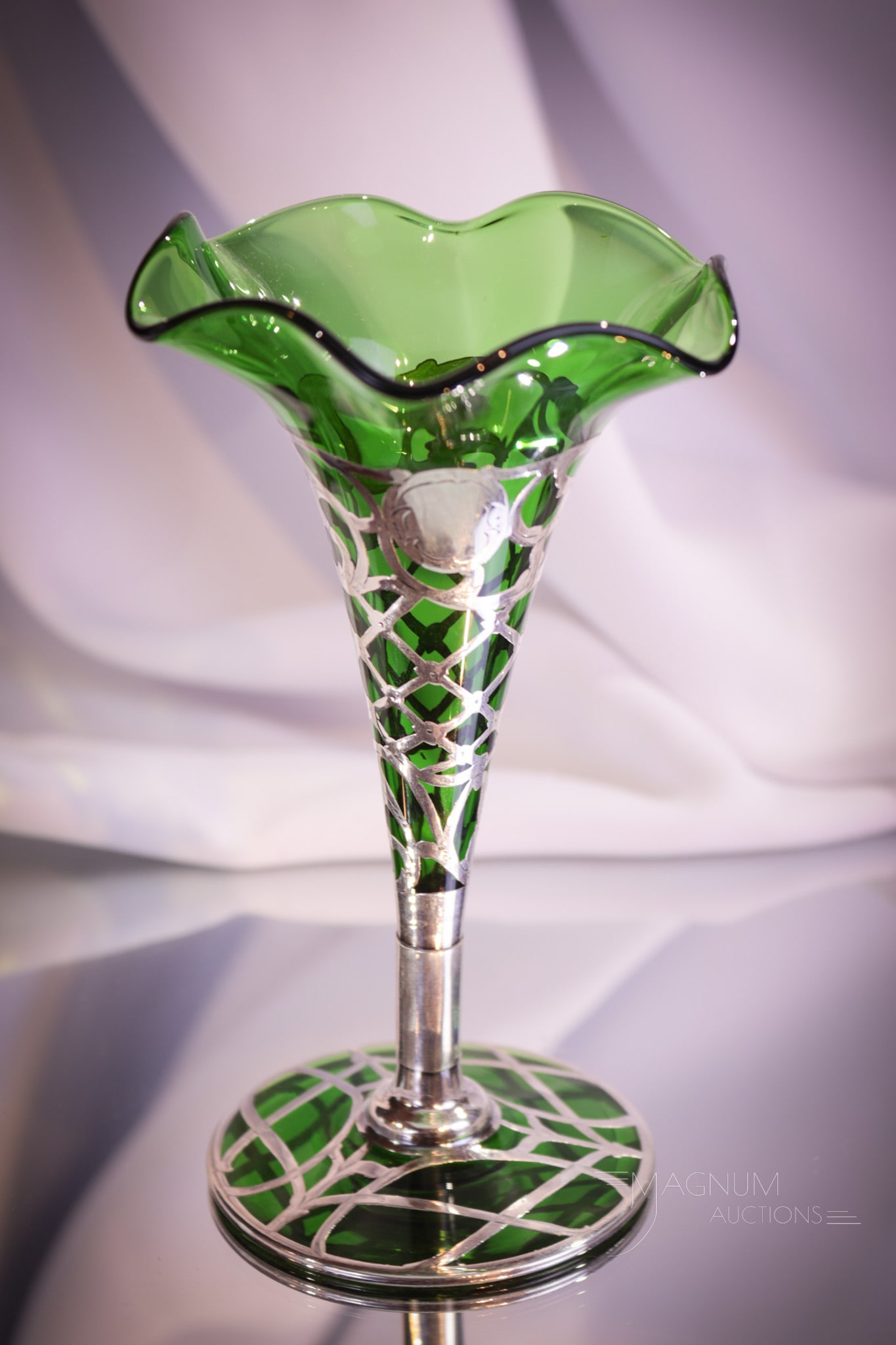 Emerald Green Sterling Silver Overlay Victorian Glass Vase (1 of 7)