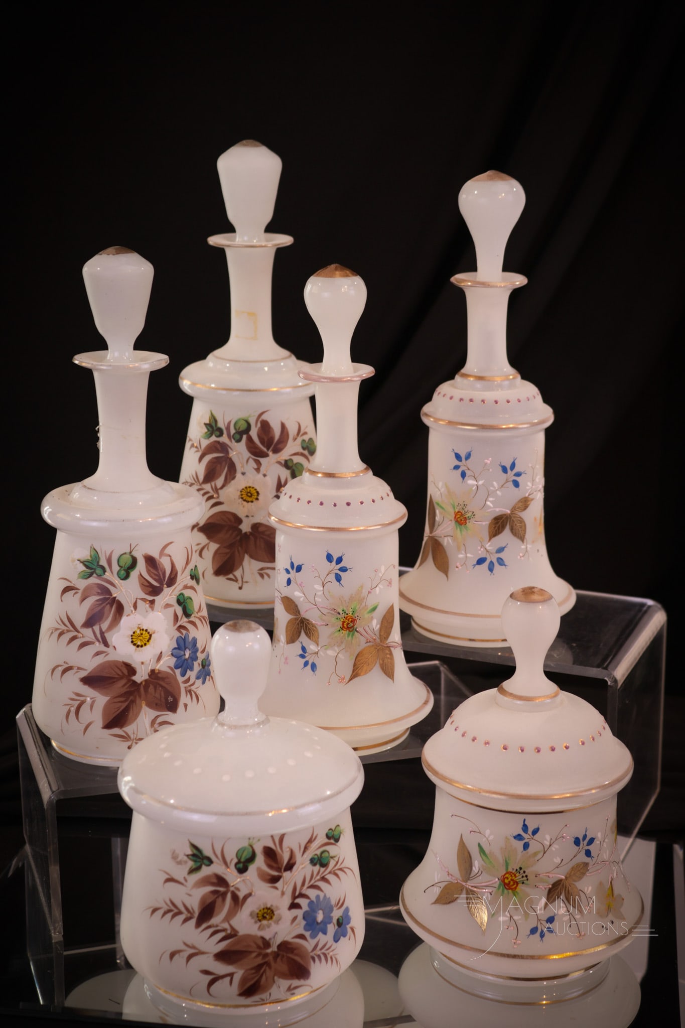 2 pc Lot Victorian Enameled Gilt Glass Vanity Perfume Cologne Castor Sets (1 of 16)