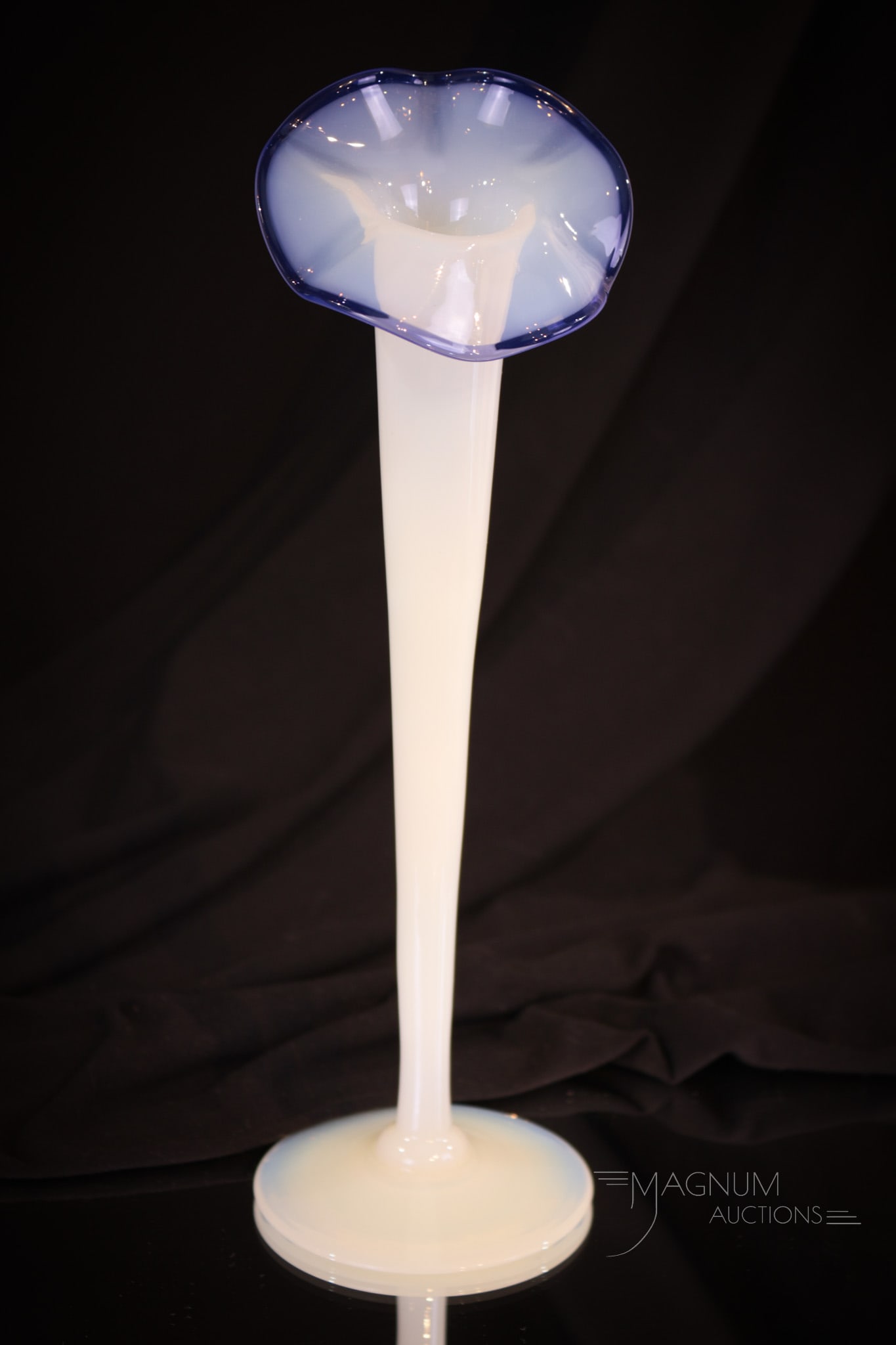 Fry Foval Jack In the Pulpit Glass Vase: A seldom found piece of Fry Foval glass in this Jack in the Pulpit form vase with Delft blue rim. Vase measures 10 1/4" tall.