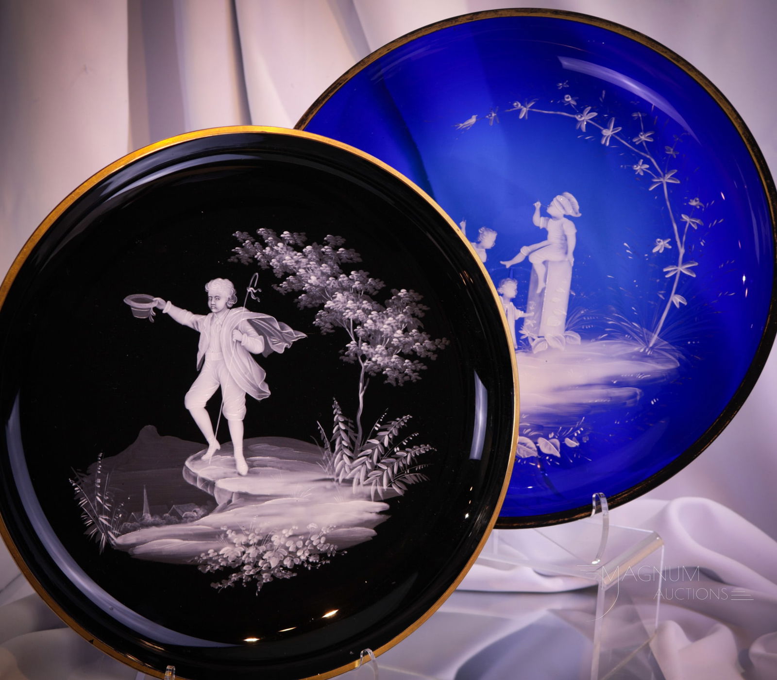 2 pc Lot 12" Mary Gregory Cobalt Glass Chargers (1 of 9)