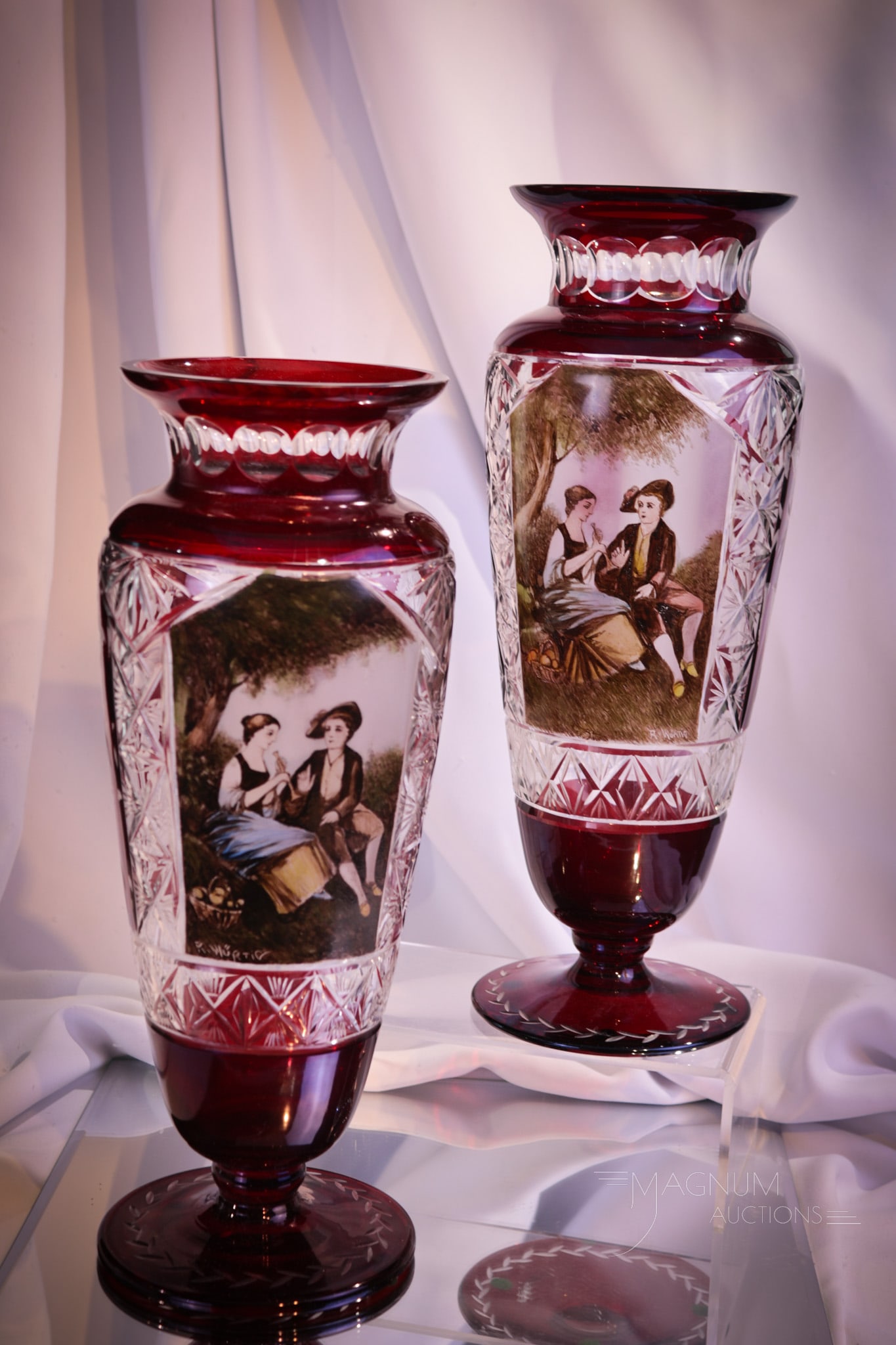 Pair Bohemain Ruby Engraved Glass Painted Scenic 13" Mantle Vases (1 of 10)