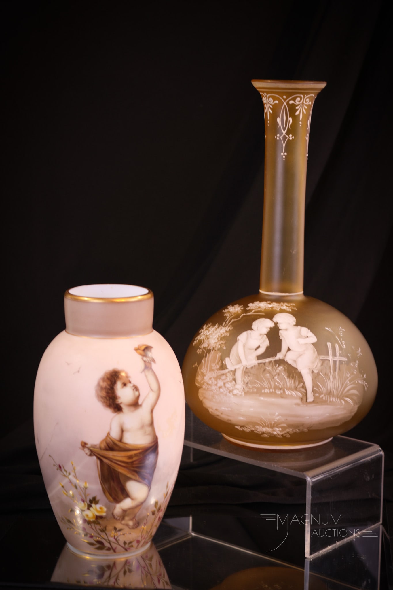 2 pc Lot 'Ahne" Cherub & Florentine Cameo Victorian Glass Vases (1 of 10)