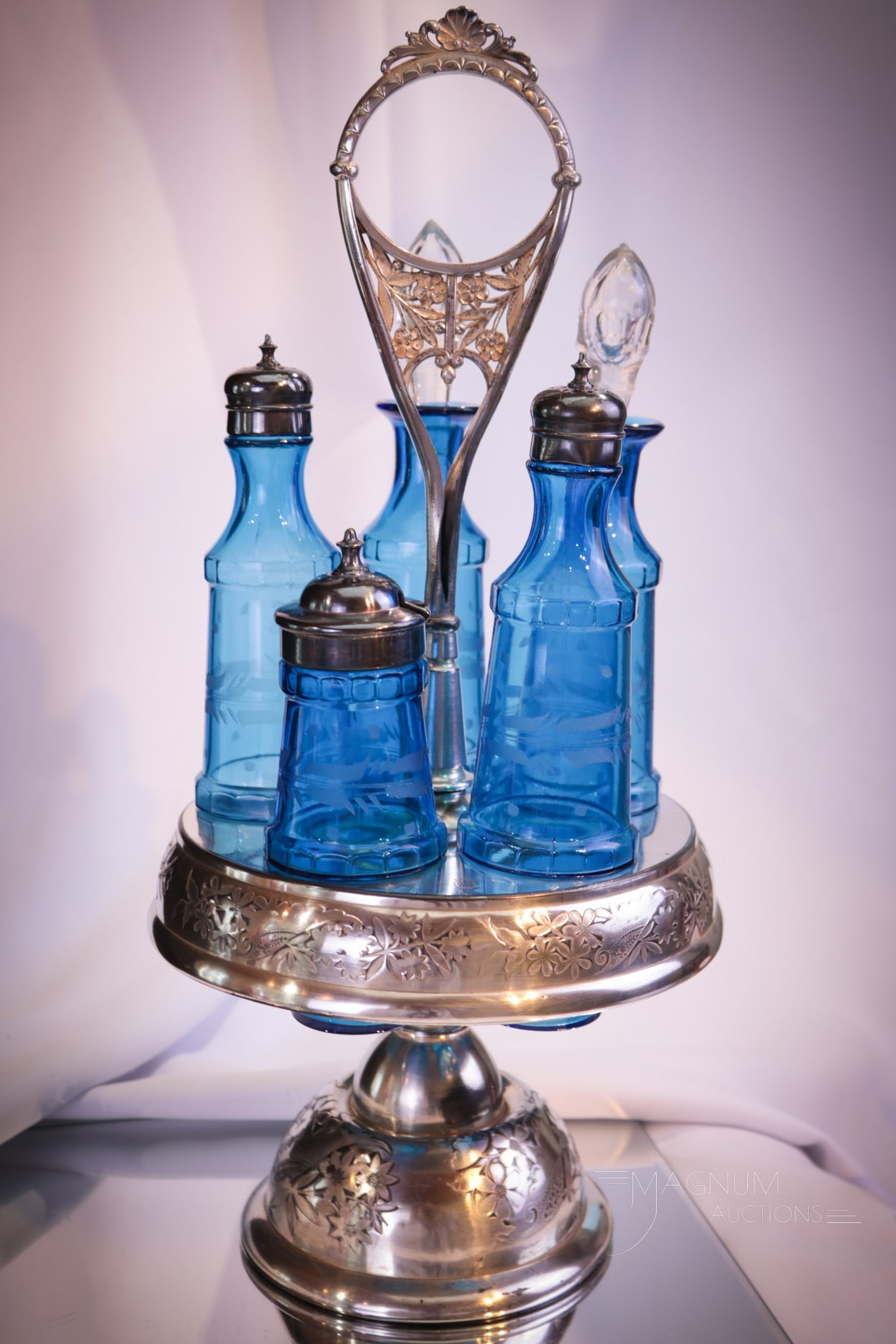 Signed Boston Silverplate Peacock Blue Engraved Glass Victorian Cruet Condiment Castor (1 of 12)