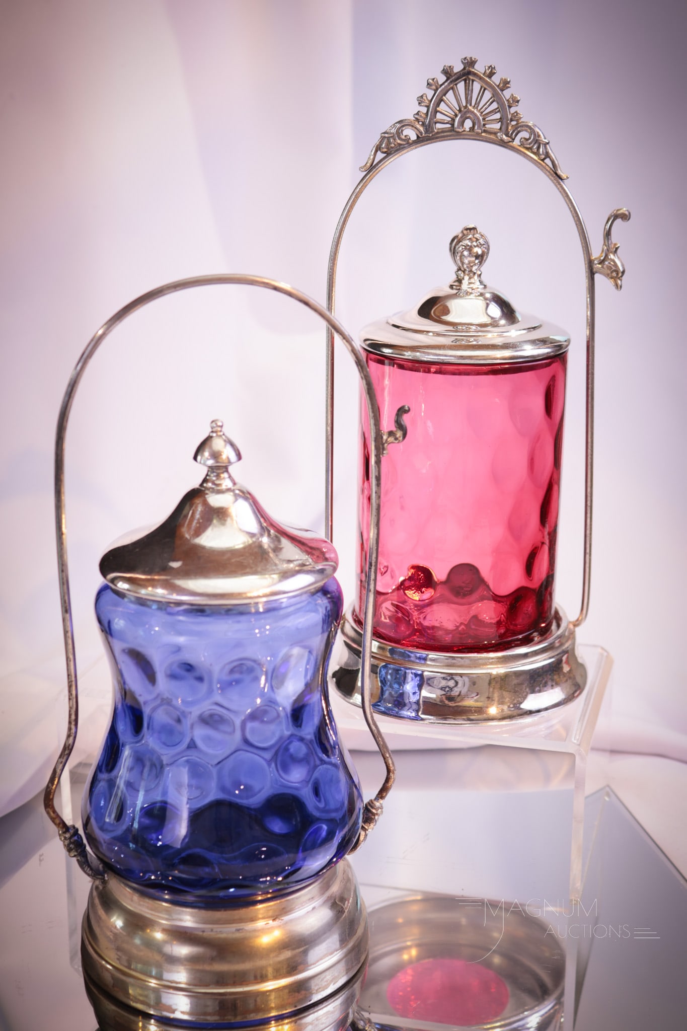 2 pc Lot Victorian Cranberry & Blue Glass Silverplate Pickle Castors (1 of 12)
