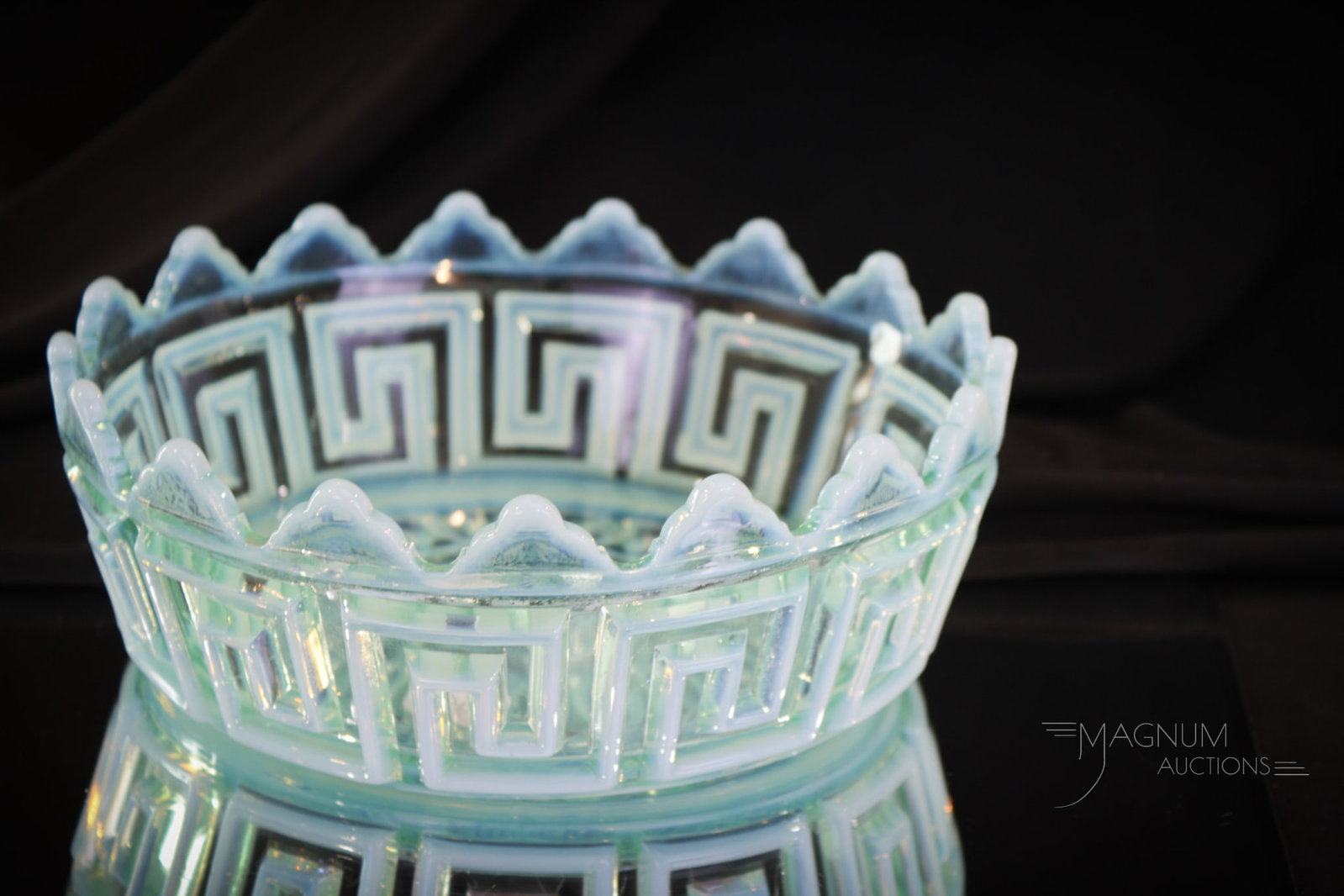 Fostoria Consolidated Blue Opalescent Double Greek Key Master Berry Bowl: A nice find in this Victorian master berry bowl. This one in the Fostoria Consolidated "Double Greek Key" pattern. Master berry bowl measures 2 3/4" tall, 8" in diameter.