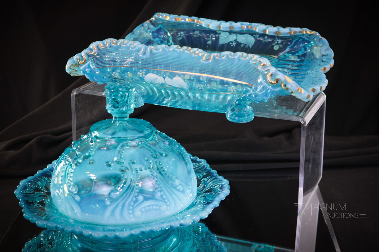 2 pc Lot Blue Opalescent Northwood & Jefferson Glass (1 of 8)