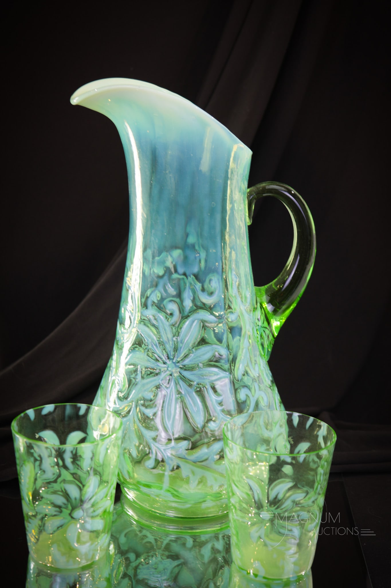 3 pc Set Northwood Green Opalescent Poinsettia Victorian Pitcher & Tumblers (1 of 7)