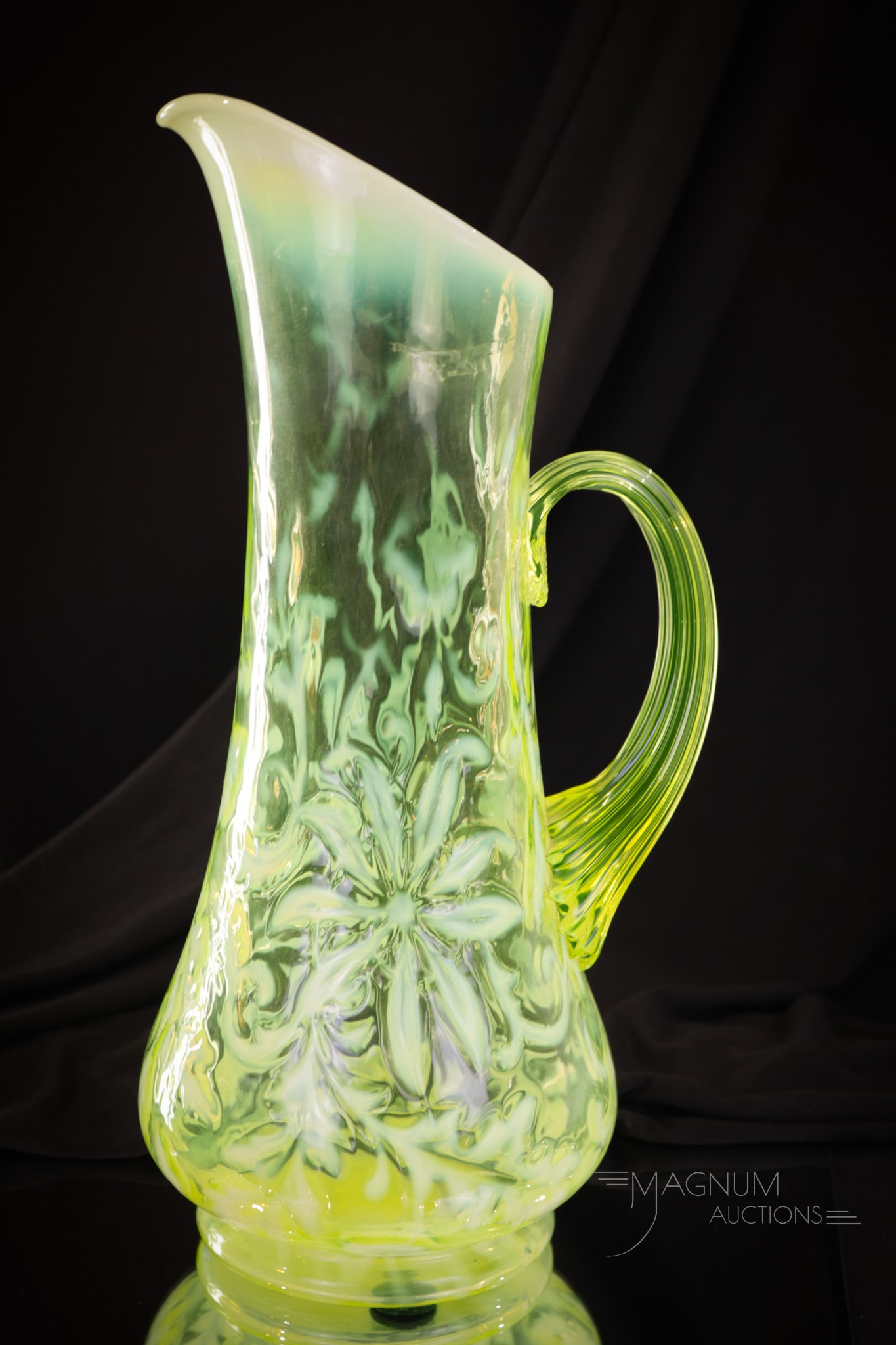 Very Rare Vaseline Opalescent Northwood Poinsettia Victorian Glass Tankard Pitcher (1 of 6)