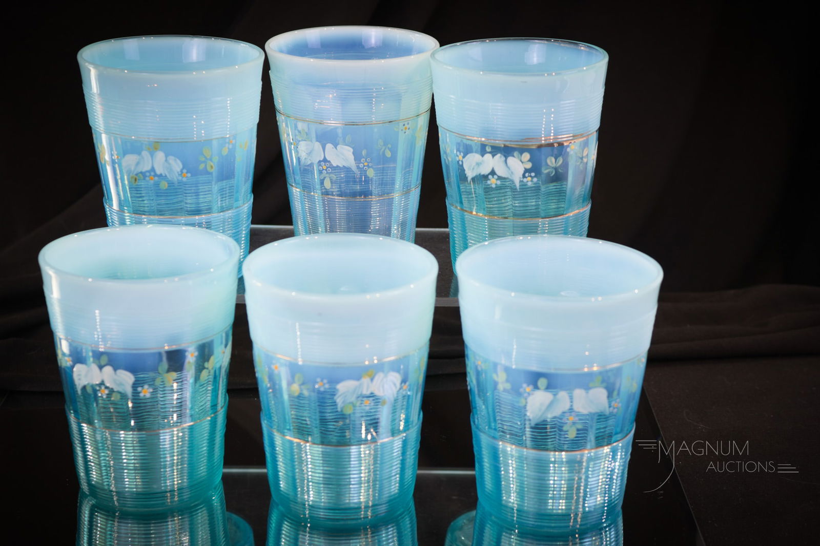 6 pc Lot Northwood Decorated Jackson/Klondyke Victorian Opalescent Tumblers (1 of 4)