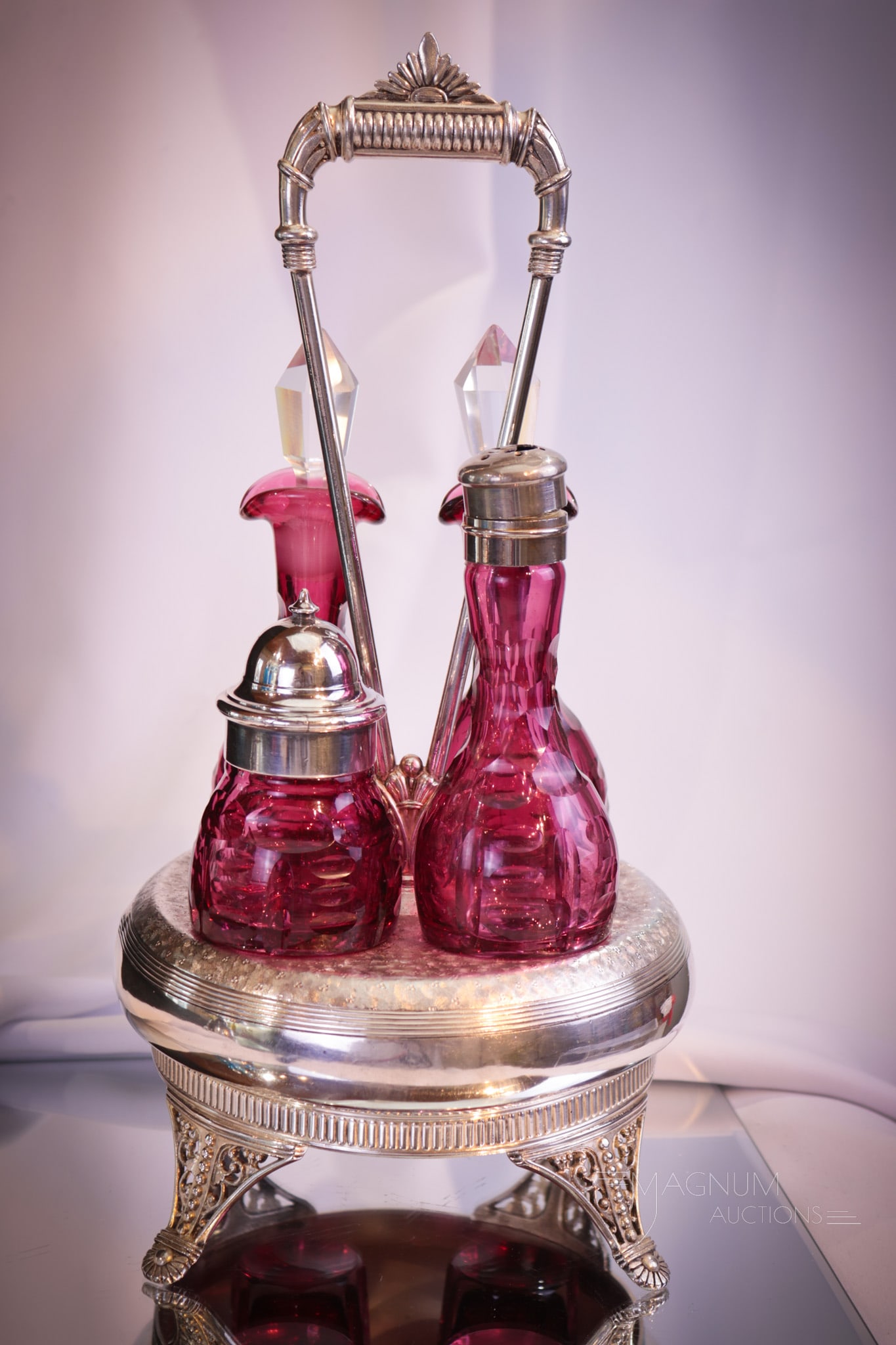 Tufts Silverplate Victorian Cranberry Glass Cruet Condiment Castor Set (1 of 8)