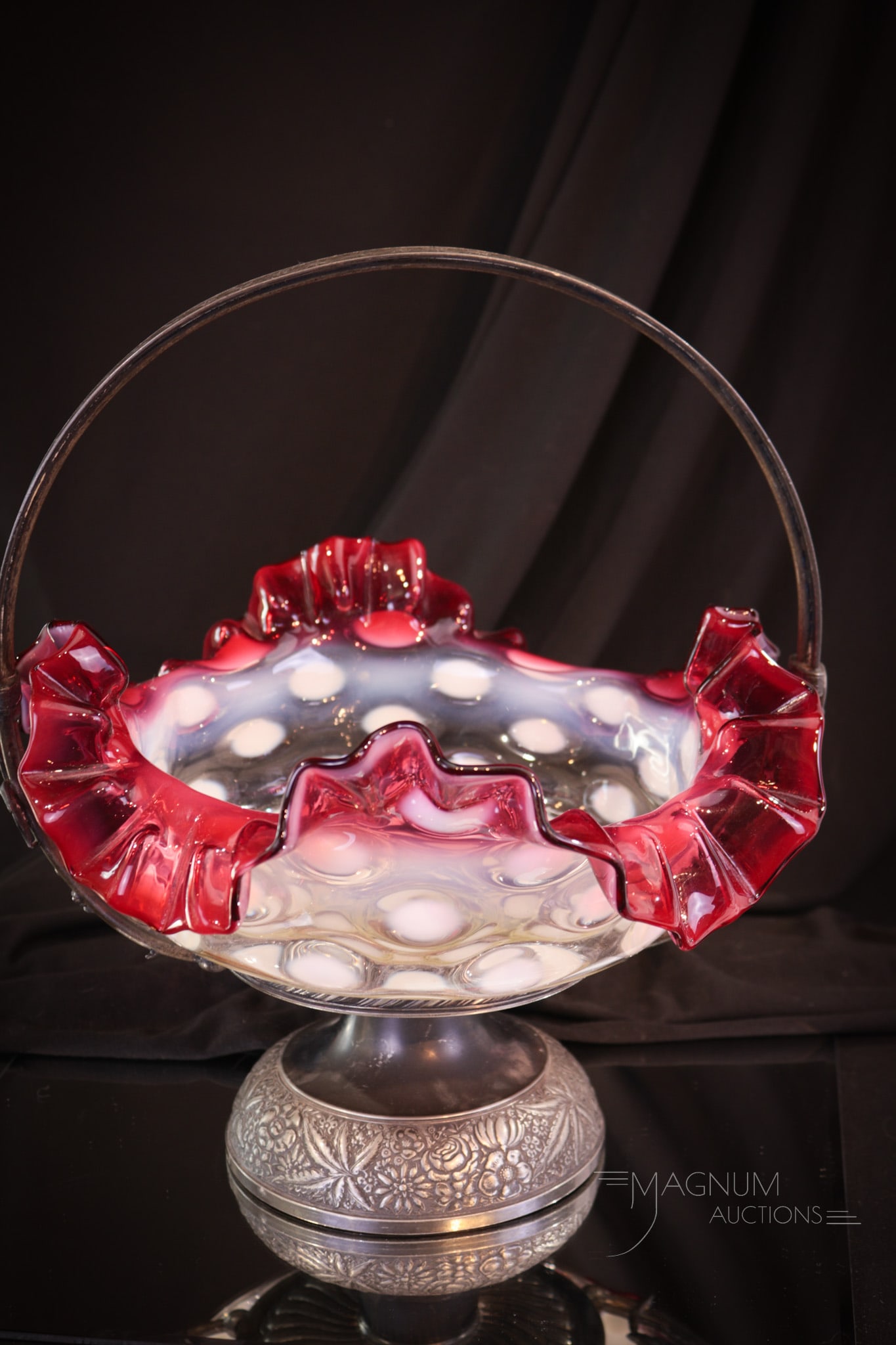 Meriden Silverplate Victorian Rubina Opalescent Glass Brides Basket Centerpiece (1 of 10)