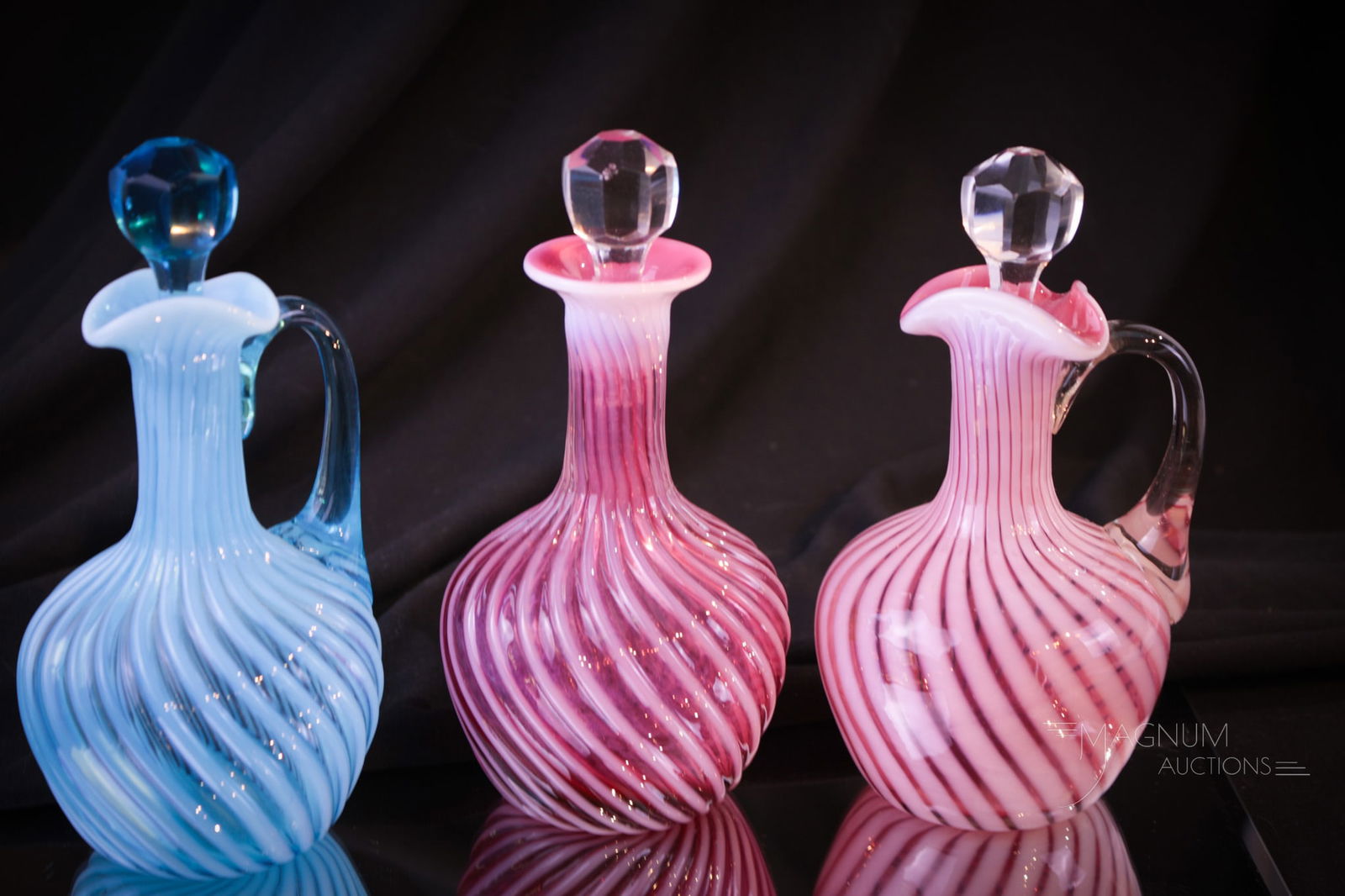 3 pc Lot Hobb's Swirl Victorian Glass Cruets & Perfume Bottle (1 of 9)