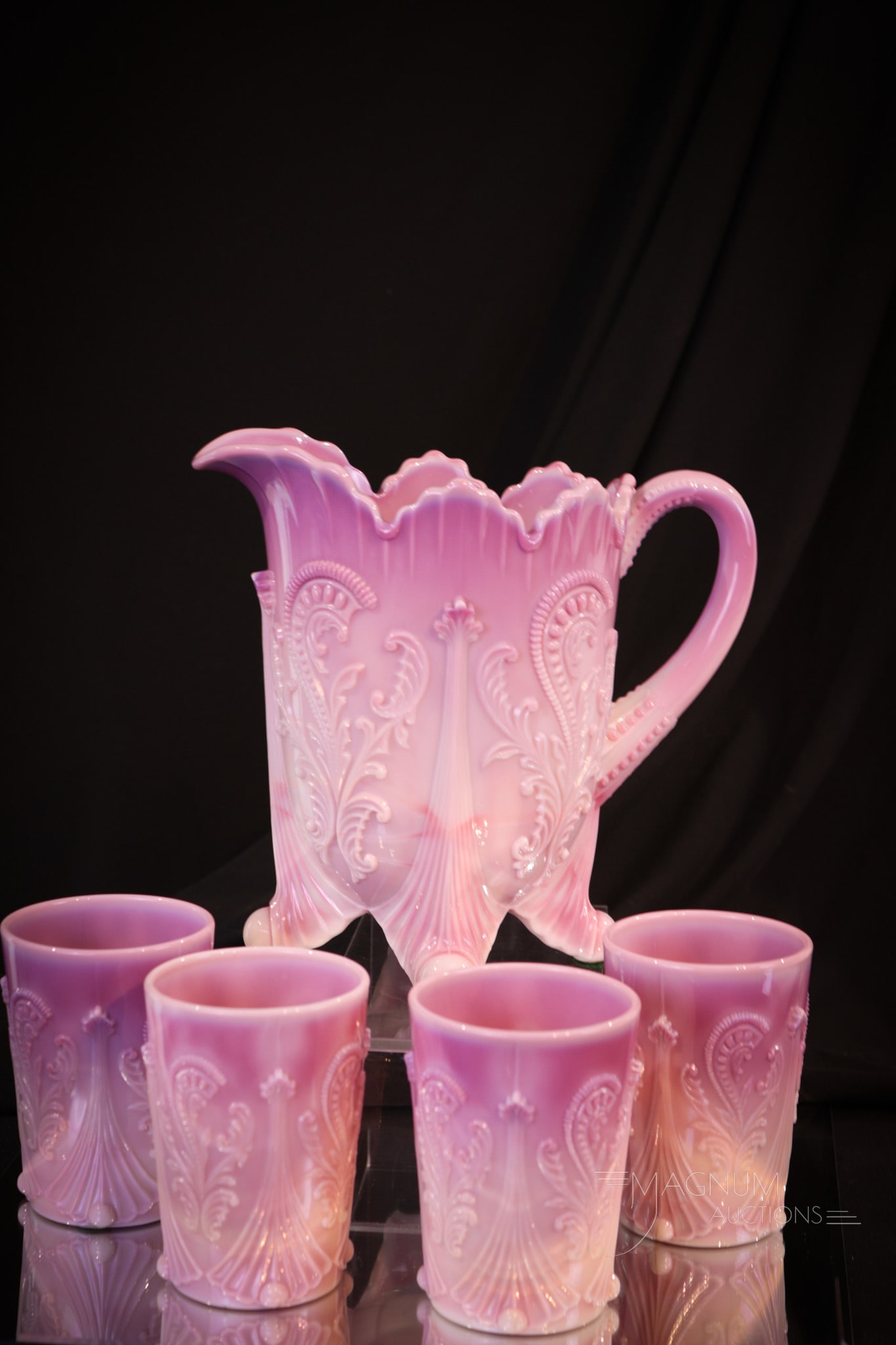 5 pc Northwood Pink Slag Glass Inverted Fan & Feather Water Set (1 of 9)