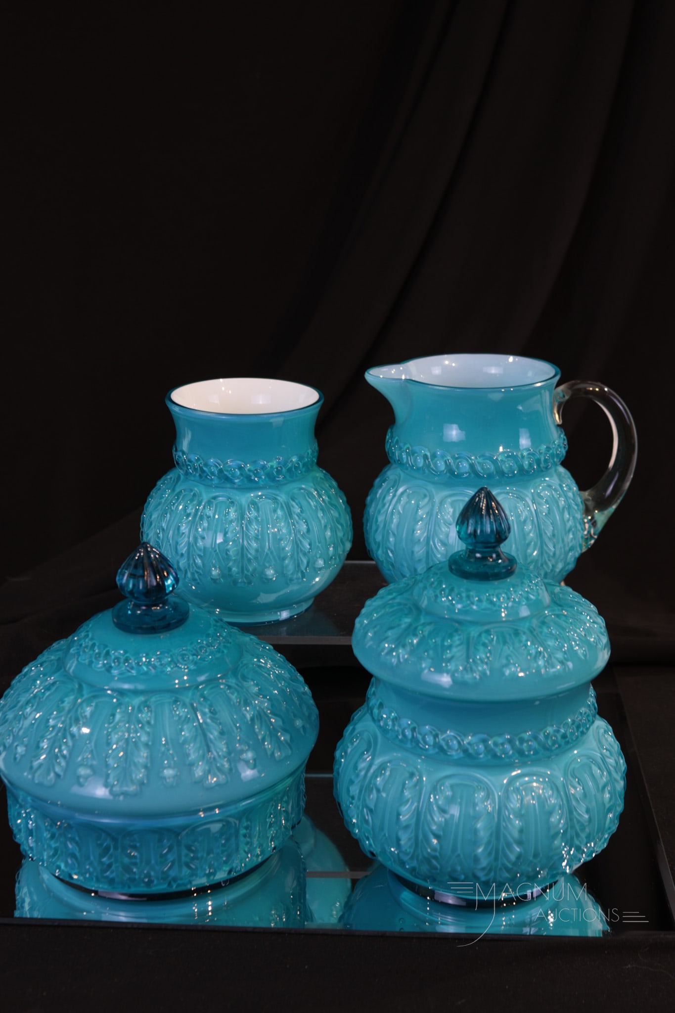 Rare Northwood Leaf Umbrella Blue Victorian Glass Table Set (1 of 9)