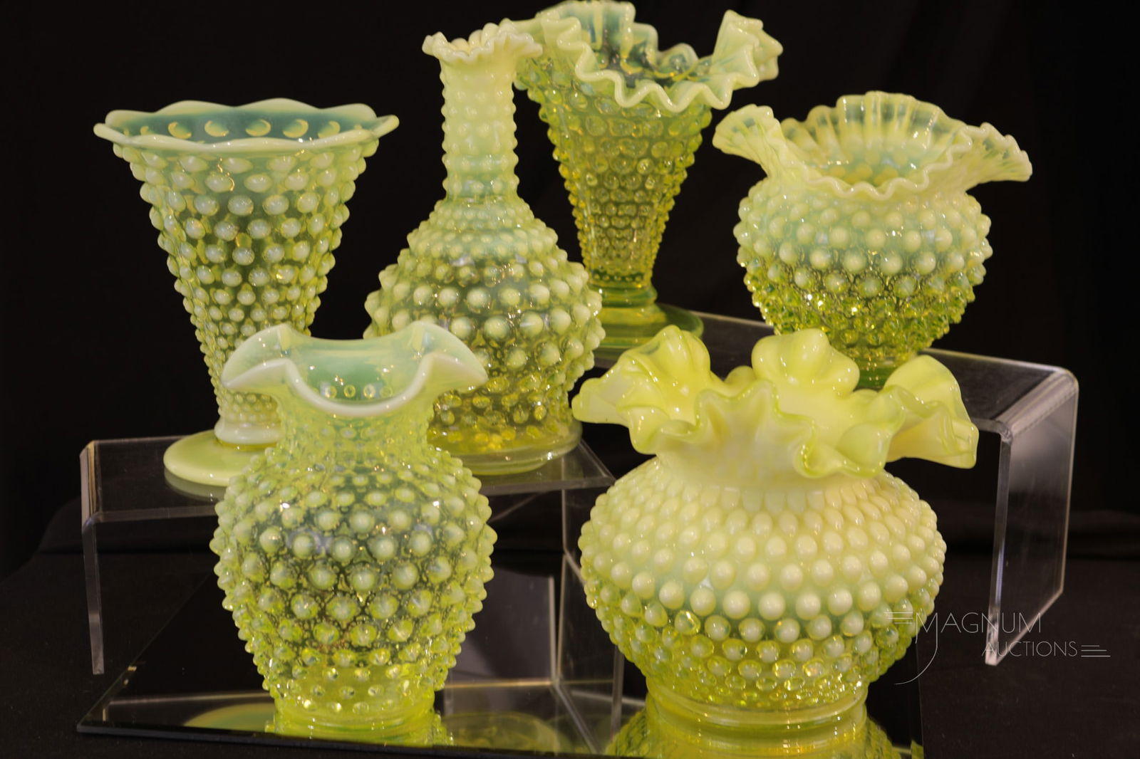 6 pc Lot Fenton Topaz VaselineOpalescent Hobnail Vases & Lamp Base (1 of 8)