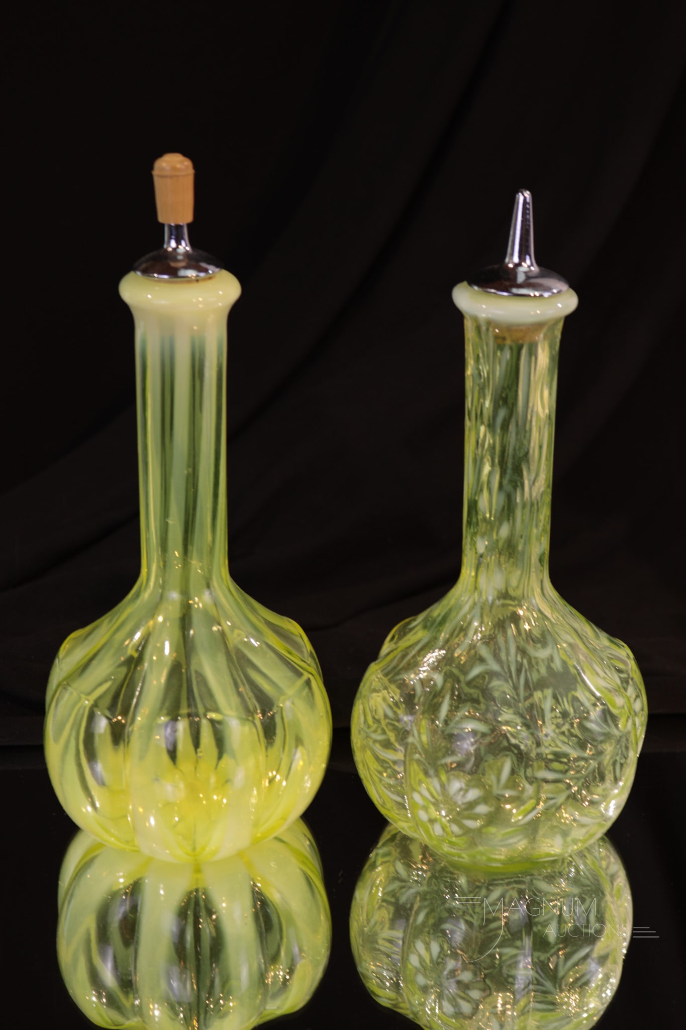 2 pc Lot Fenton Vaseline Art Glass Opalescent Barber Bottles (1 of 8)