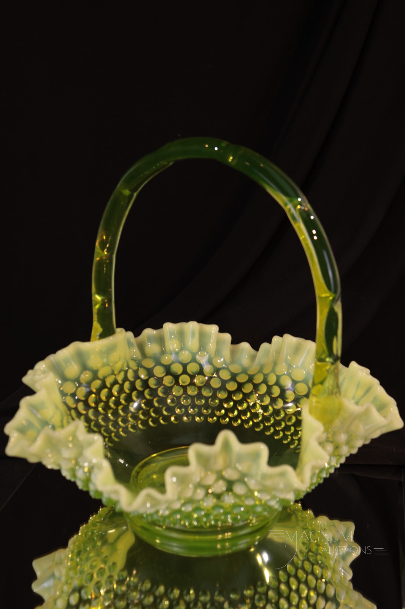 Large Fenton for Levay Topaz Vaseline Opalescent Hobnail Basket (1 of 8)