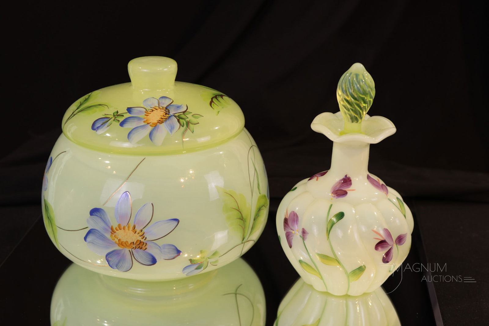 2 pc Lot Fenton Topaz Vaseline Opalescent Hand Painted Perfume & Candy Box (1 of 8)