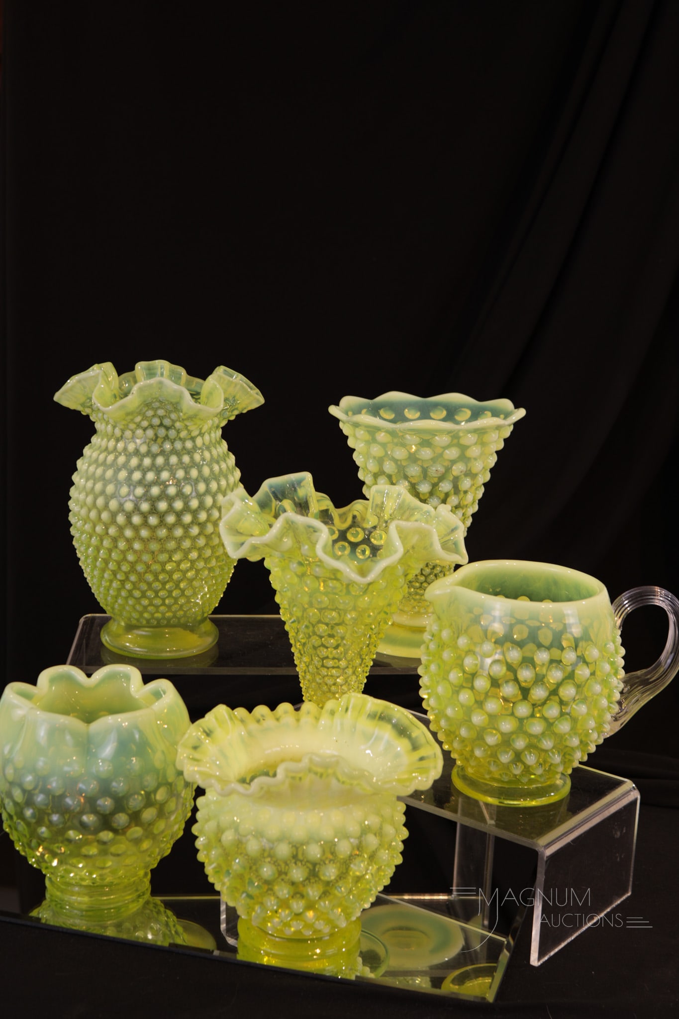 6 pc Lot Fenton Topaz Opalescent Vaseline Hobnail Glass (1 of 5)