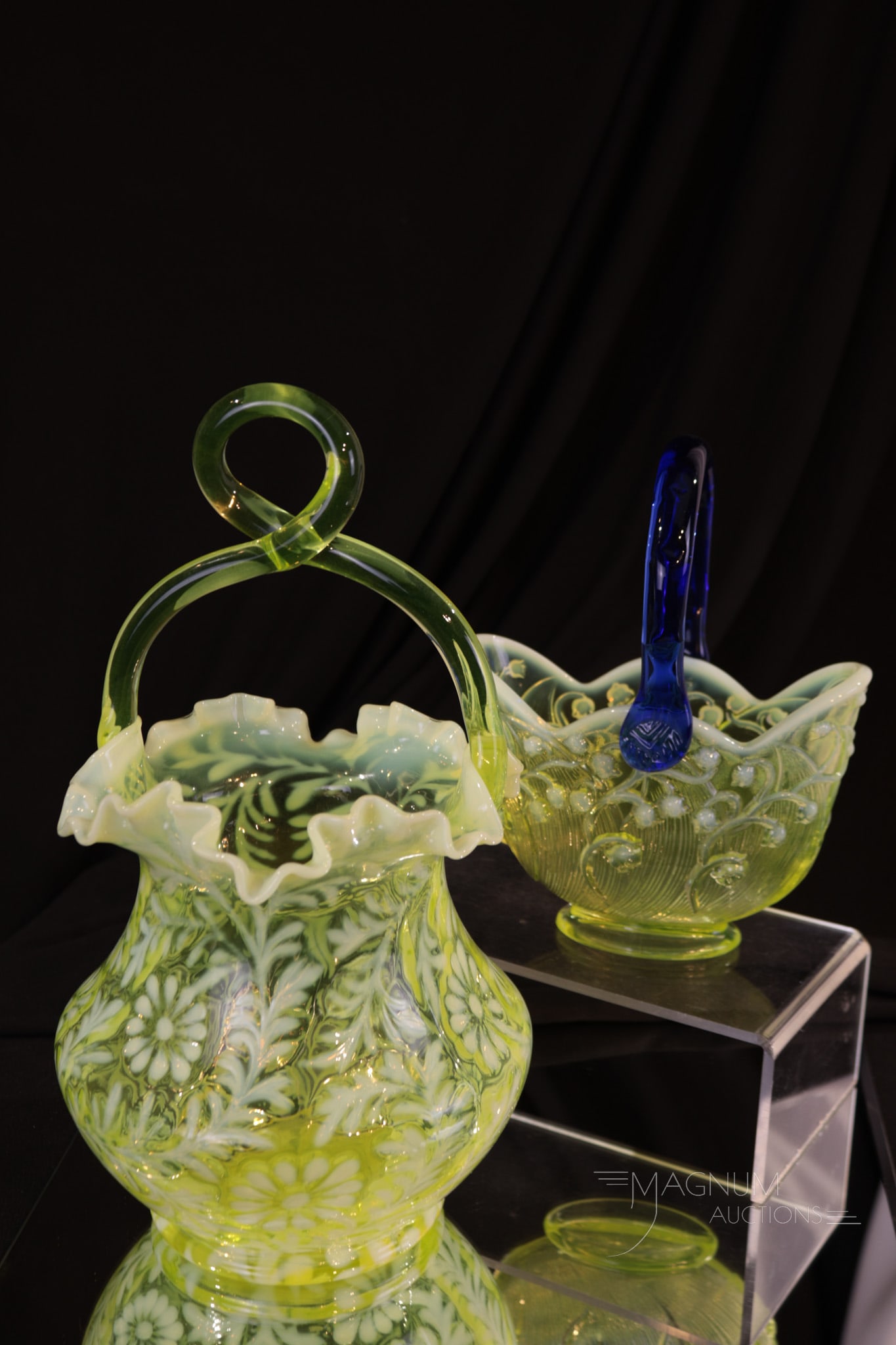 2 pc Lot Fenton Topaz Vaseline Opalescent Art Glass (1 of 8)