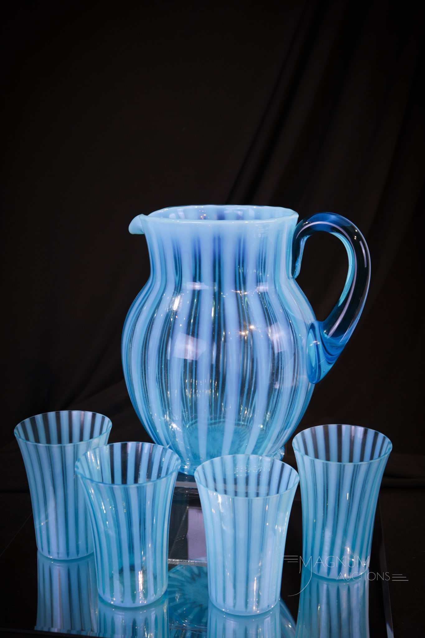 5 pc 1930's Fenton Blue Opalescent Rib Optic Water Set (1 of 10)