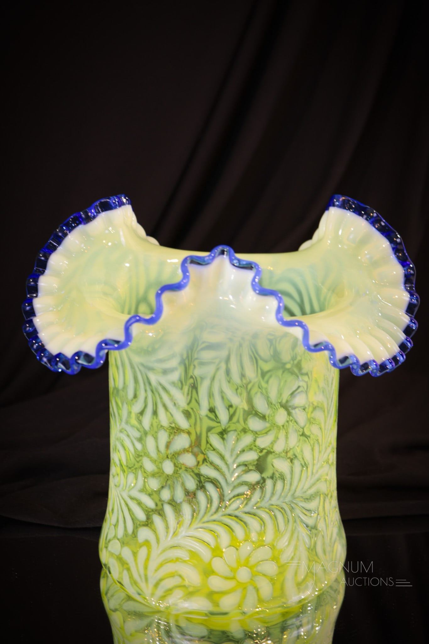 Fenton Daisy & Fern Topaz Vaseline Opalescent Cobalt Hat Vase (1 of 5)