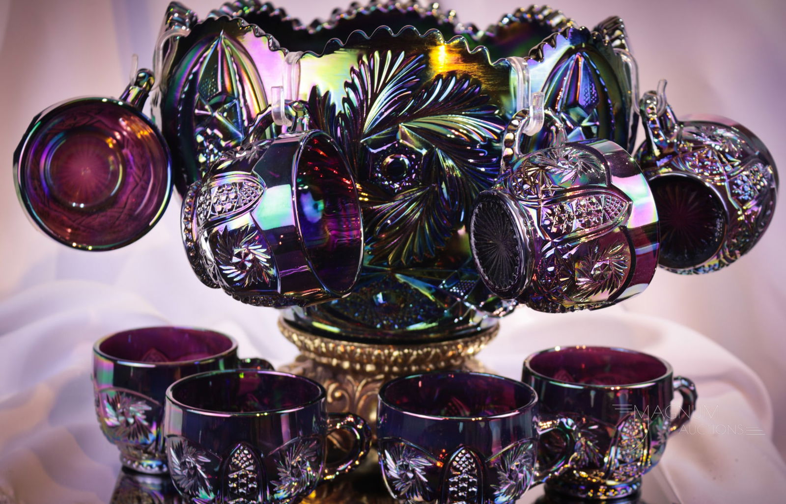 L.E. Smith Amethyst Carnival Glass Punch Set (1 of 14)